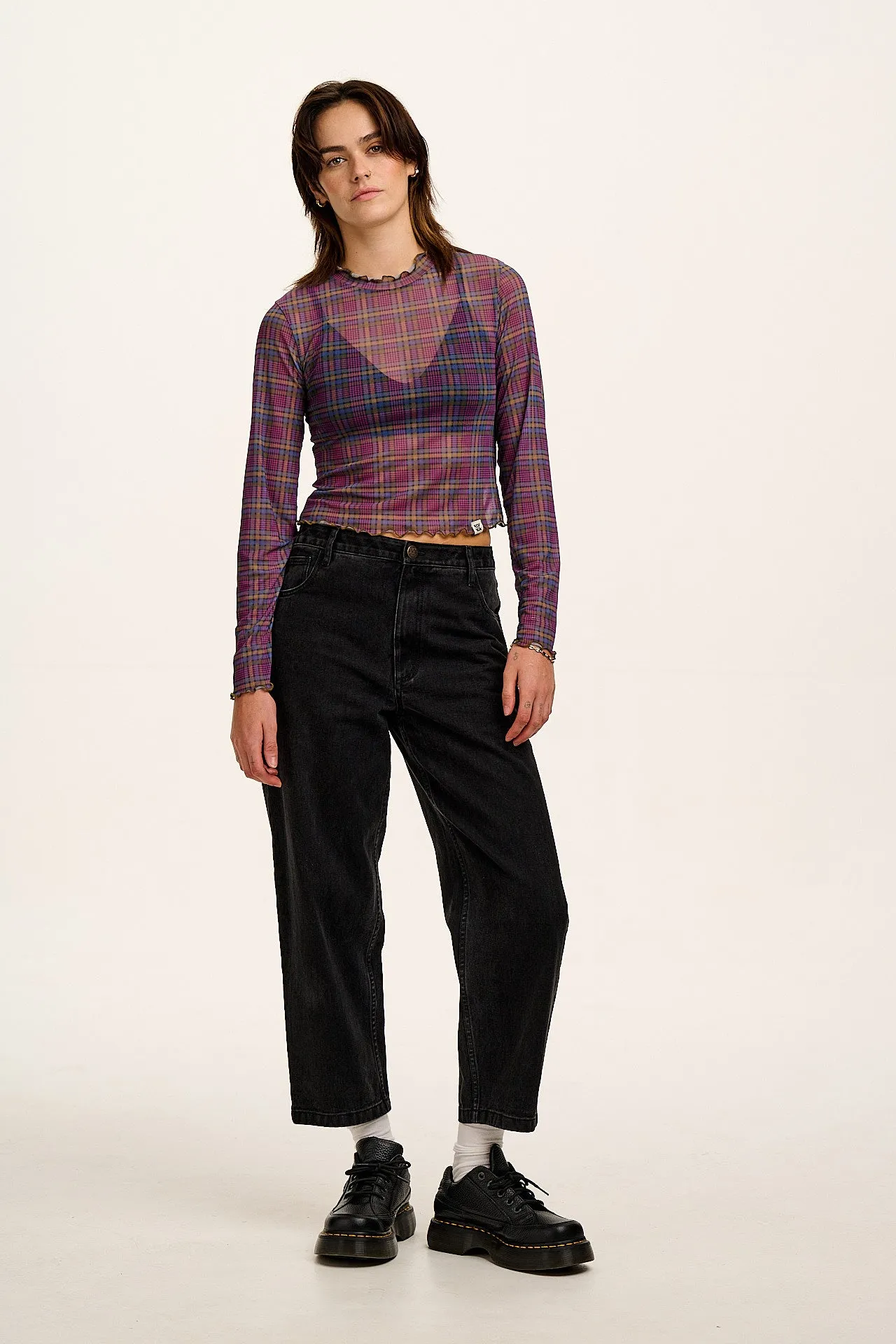 Perrie - Long Sleeve Mesh Top in Purple Grunge Check sold by Lucy & Yak