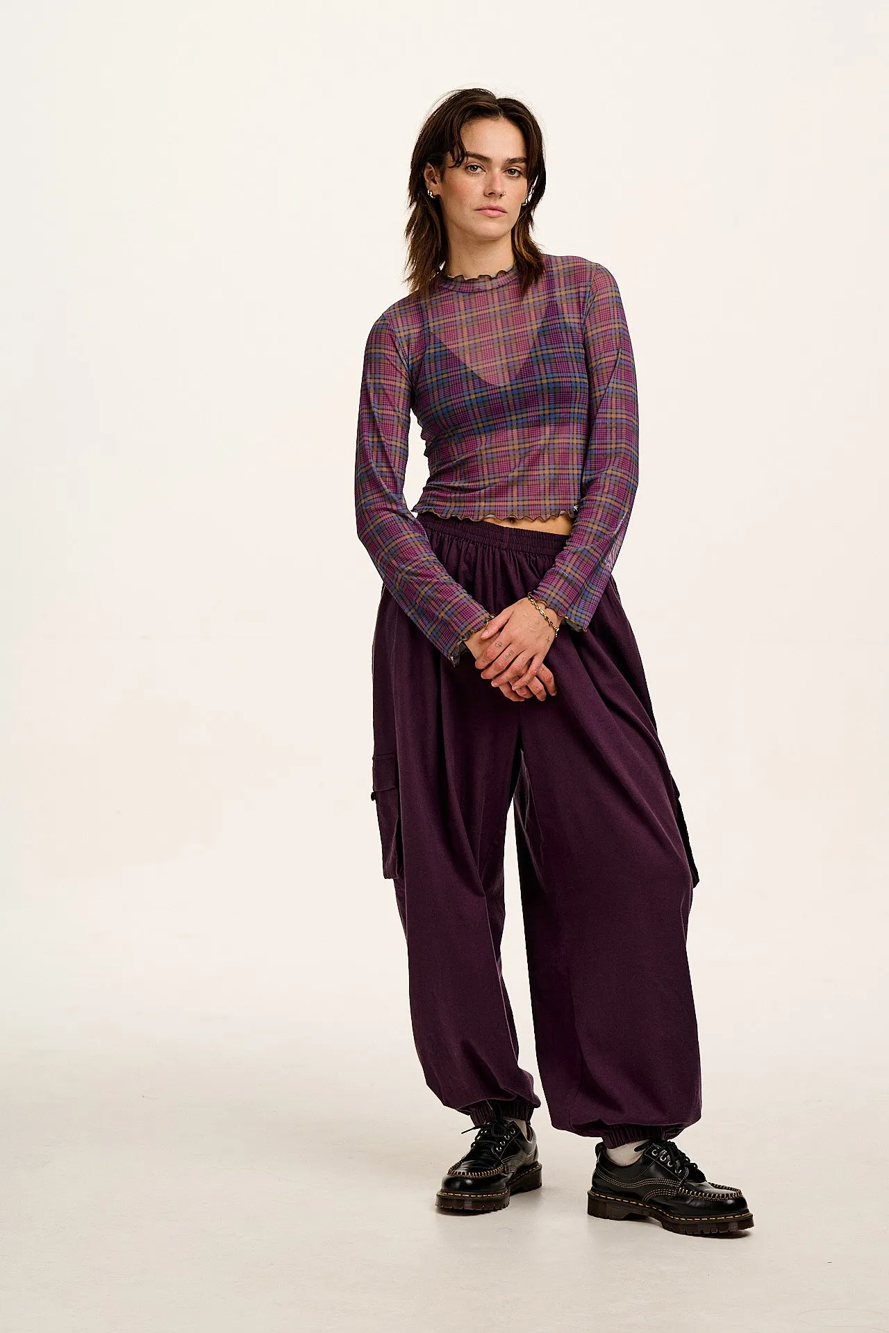 Perrie - Long Sleeve Mesh Top in Purple Grunge Check sold by Lucy & Yak product image thumbnail 5