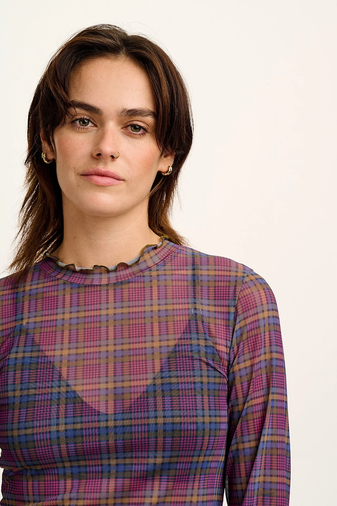 Perrie - Long Sleeve Mesh Top in Purple Grunge Check sold by Lucy & Yak product image thumbnail 2