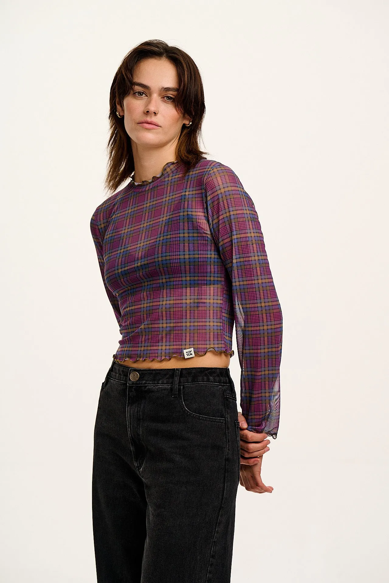 Perrie - Long Sleeve Mesh Top in Purple Grunge Check sold by Lucy & Yak product image thumbnail 3