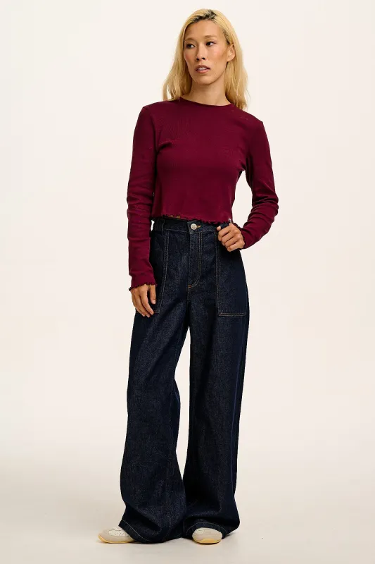 Hansel - Long Sleeve Cotton Crop Top in Wine made by Lucy & Yak