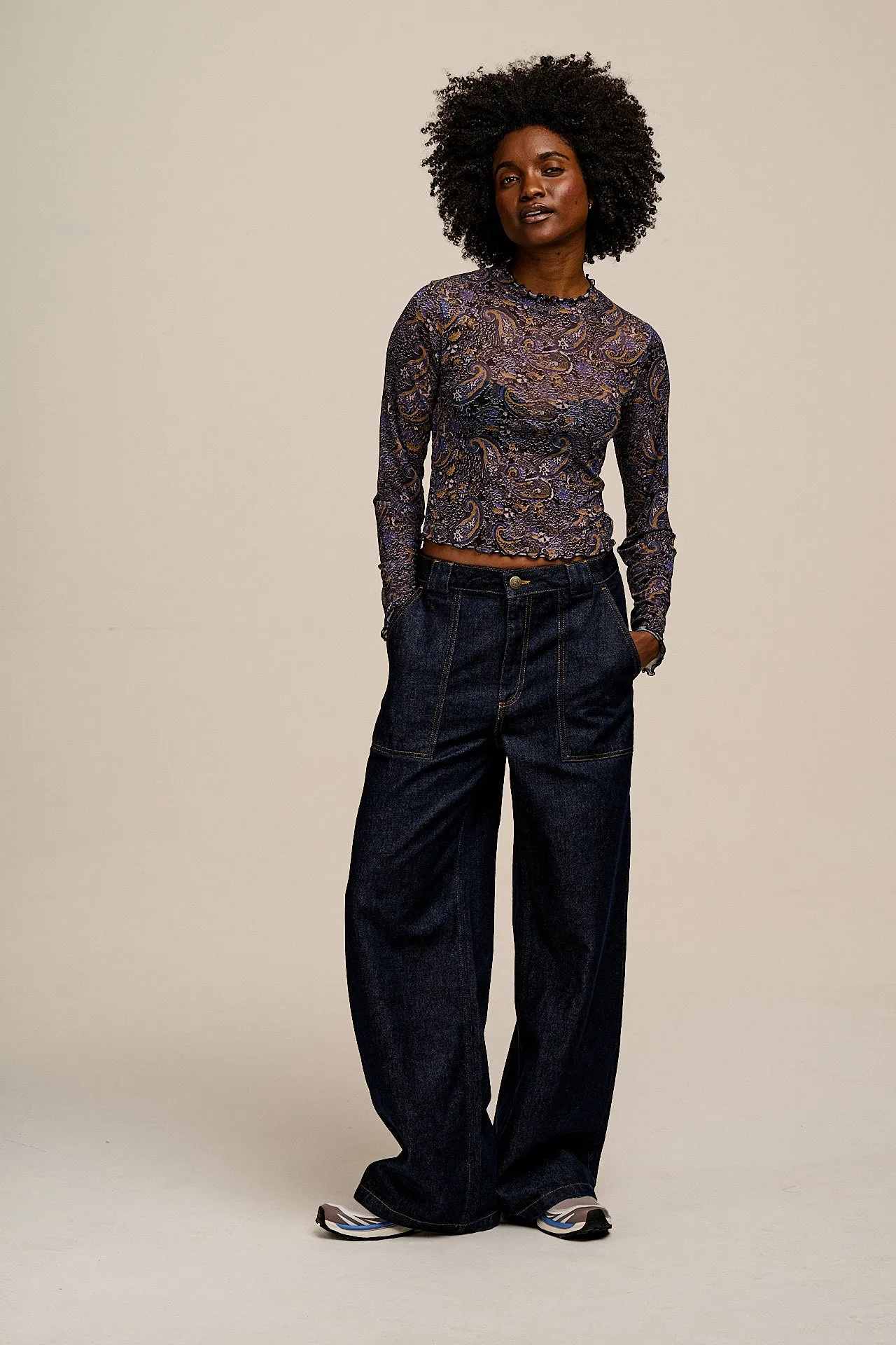 Perrie - Long Sleeve Mesh Top in Blue Grunge Paisley Print sold by Lucy & Yak product image thumbnail 4
