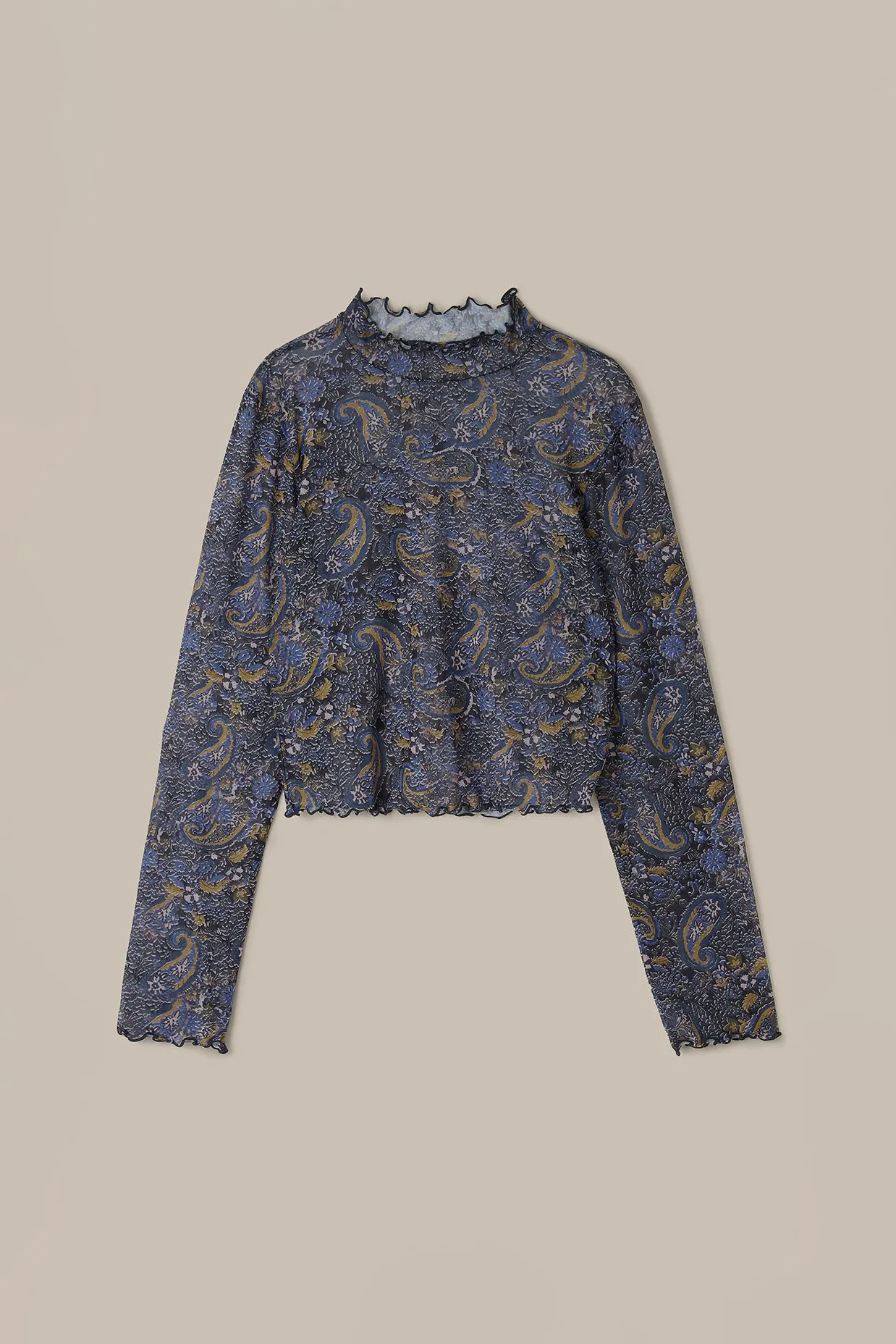 Perrie - Long Sleeve Mesh Top in Blue Grunge Paisley Print sold by Lucy & Yak product image thumbnail 2