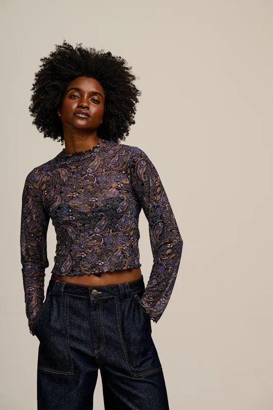 Perrie - Long Sleeve Mesh Top in Blue Grunge Paisley Print sold by Lucy & Yak
