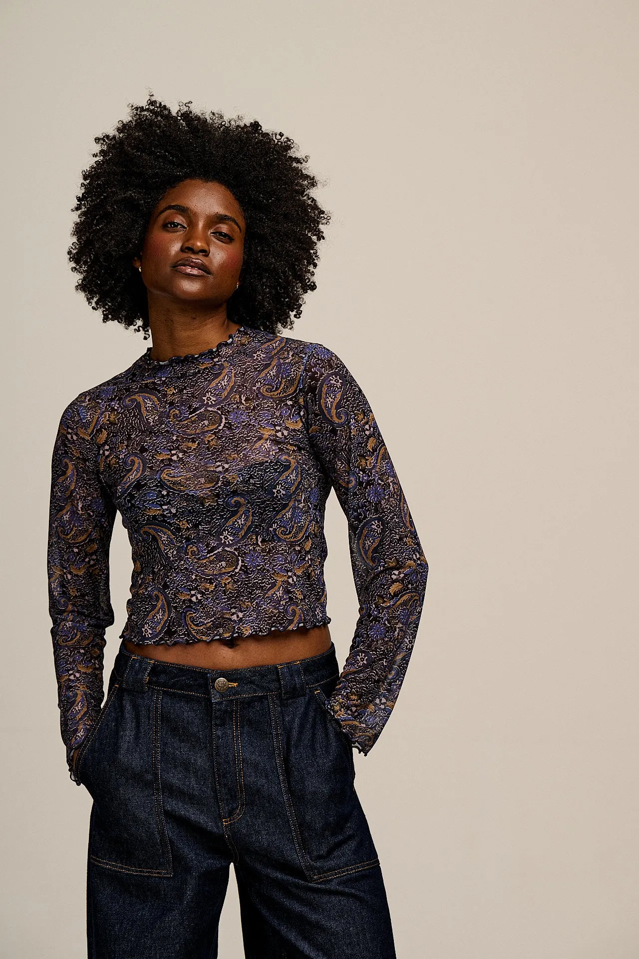 Perrie - Long Sleeve Mesh Top in Blue Grunge Paisley Print sold by Lucy & Yak