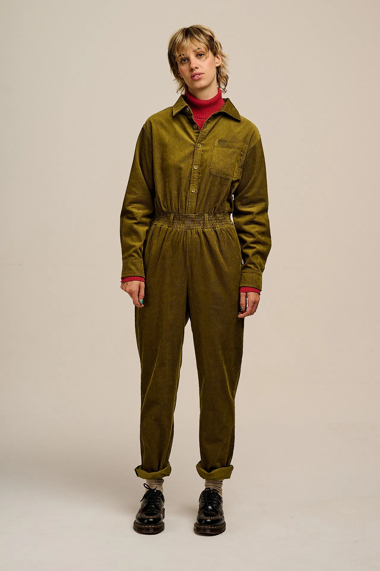 Eddie - Long Sleeve Corduroy Jumpsuit in Fir Green sold by Lucy & Yak