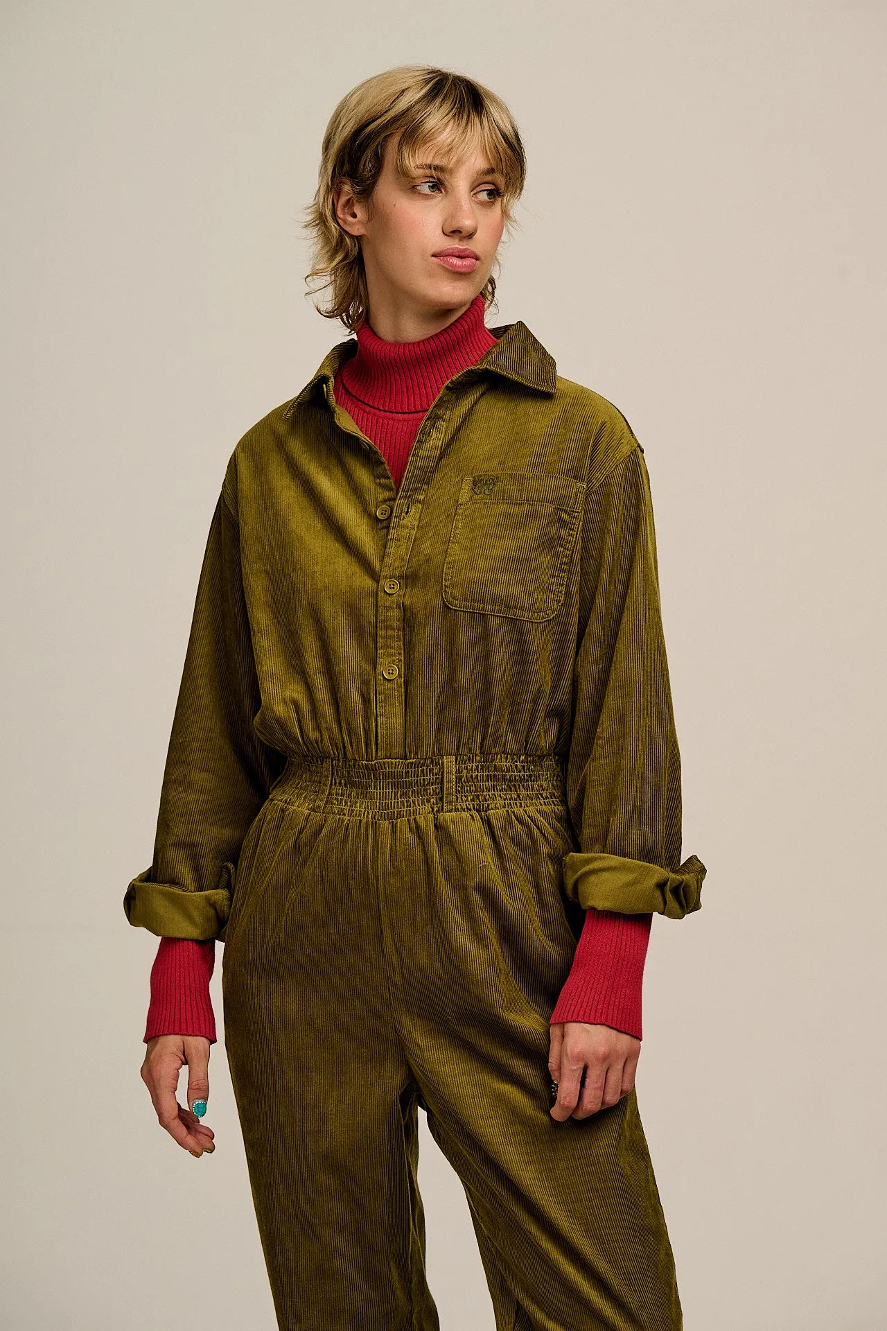 Eddie - Long Sleeve Corduroy Jumpsuit in Fir Green sold by Lucy & Yak product image thumbnail 5