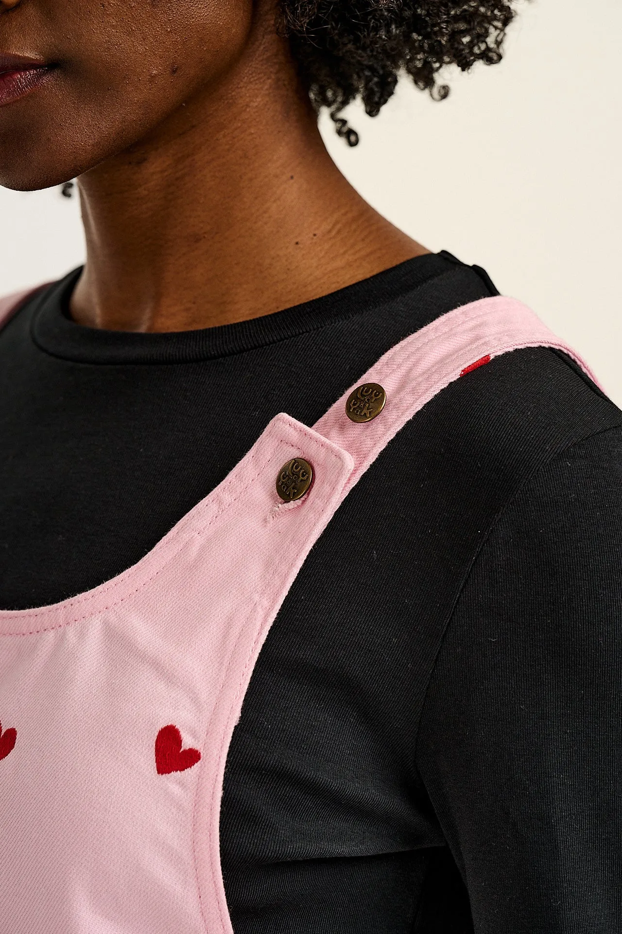 Layla - Denim Mini Dress in Pink Wash with Cupid Hearts Embroidery sold by Lucy & Yak product image thumbnail 2