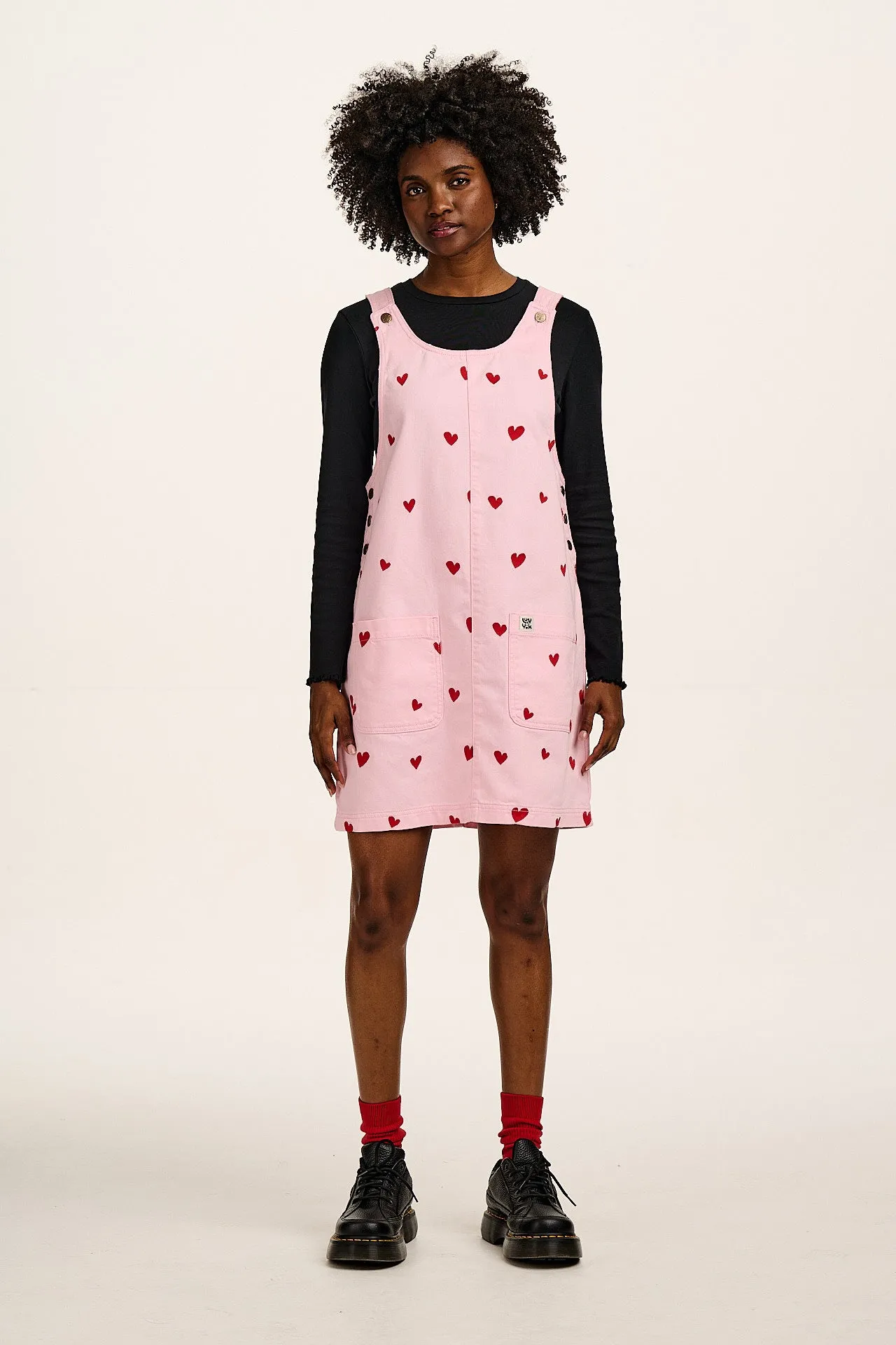 Layla - Denim Mini Dress in Pink Wash with Cupid Hearts Embroidery sold by Lucy & Yak