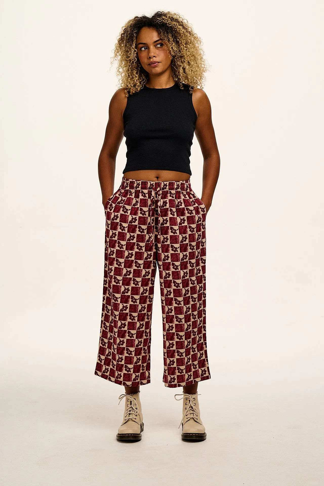 Chuck - Wide Leg Cotton Trousers in Maroon & Ecru Floral Check sold by Lucy & Yak product image thumbnail 2