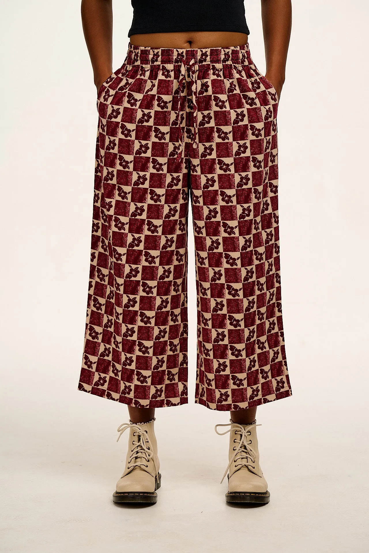 Chuck - Wide Leg Cotton Trousers in Maroon & Ecru Floral Check sold by Lucy & Yak