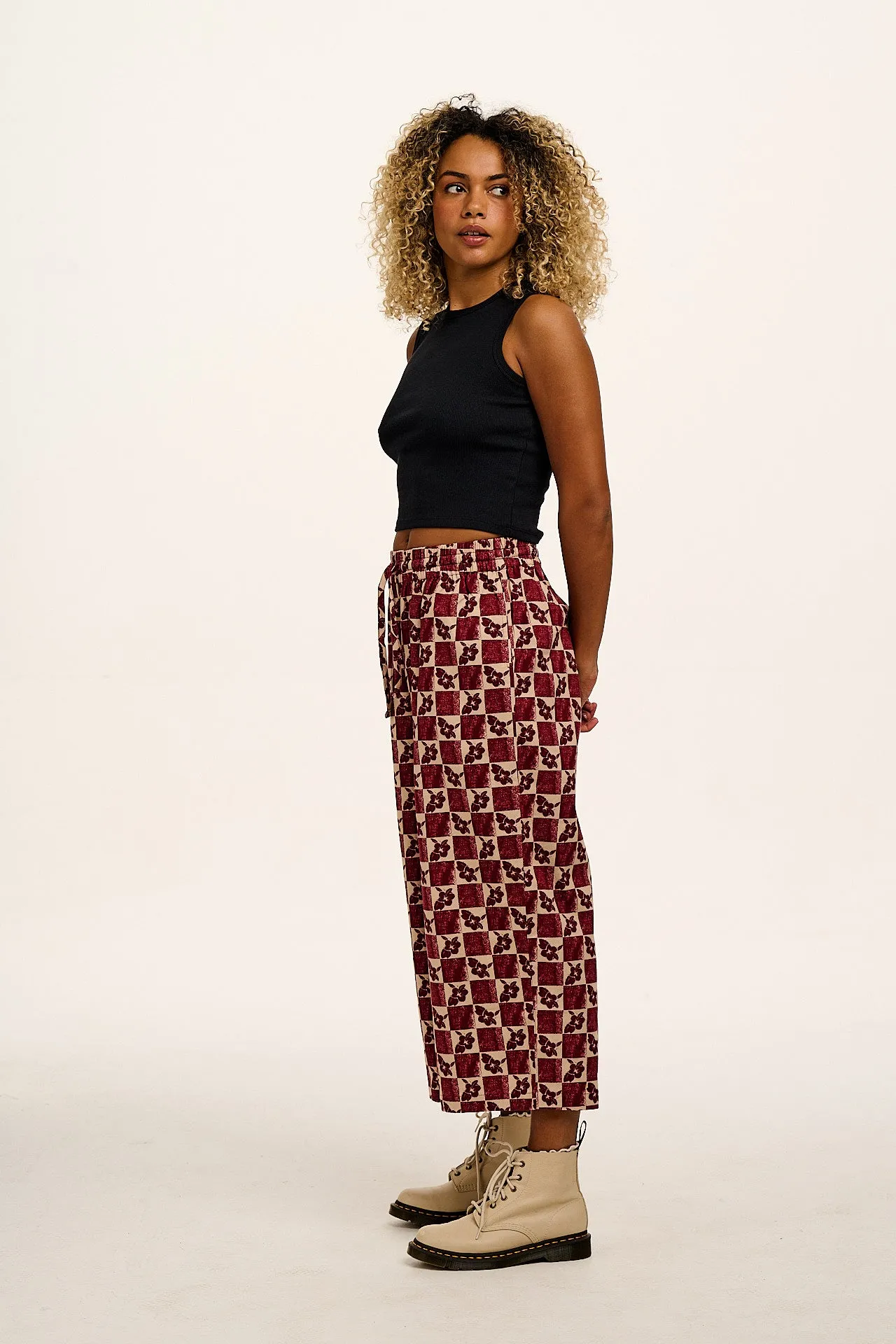 Chuck - Wide Leg Cotton Trousers in Maroon & Ecru Floral Check sold by Lucy & Yak product image thumbnail 5