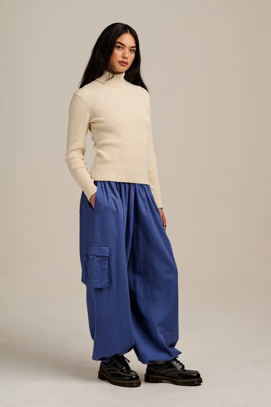 Rumi - Brushed Cotton Barrel Trousers in Grey Blue sold by Lucy & Yak