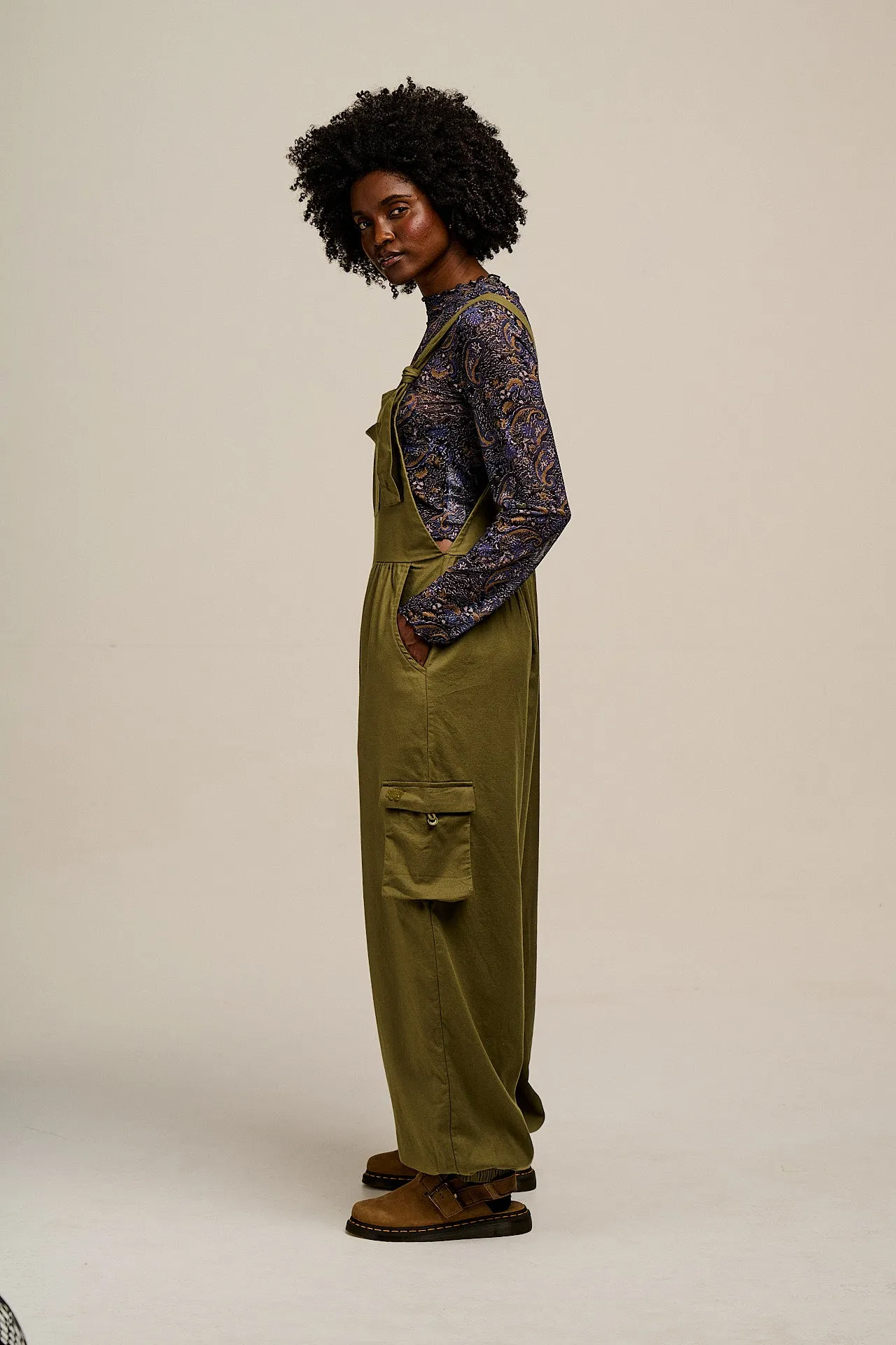 Miyada - Brushed Cotton Dungarees in Khaki Green sold by Lucy & Yak product image thumbnail 4