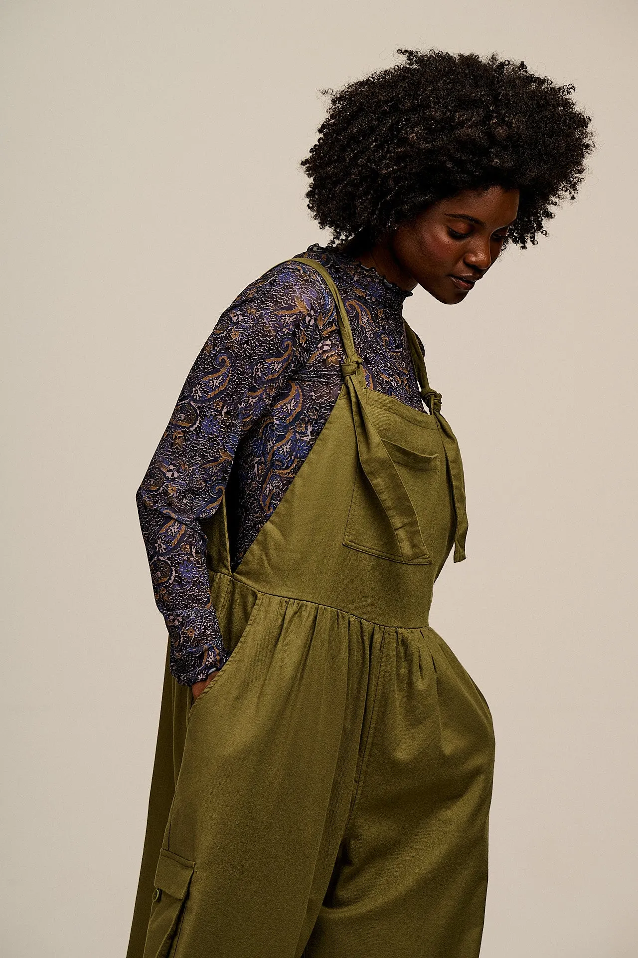 Miyada - Brushed Cotton Dungarees in Khaki Green sold by Lucy & Yak product image thumbnail 3