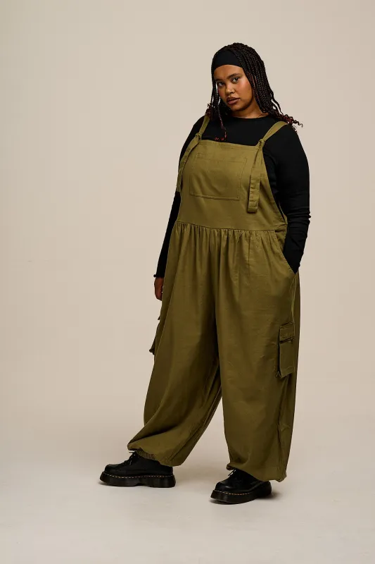 Miyada - Brushed Cotton Dungarees in Khaki Green sold by Lucy & Yak