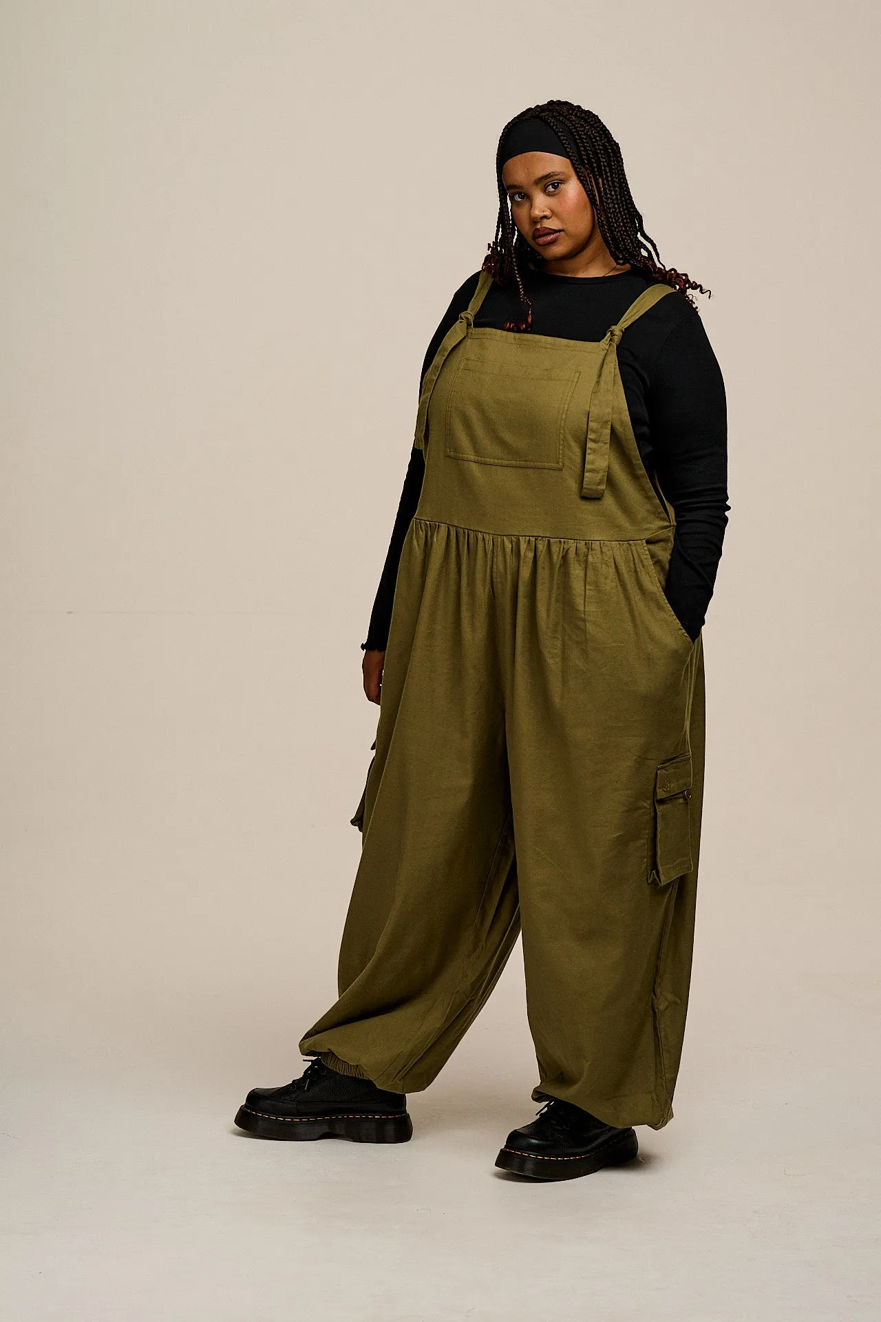 Miyada - Brushed Cotton Dungarees in Khaki Green sold by Lucy & Yak