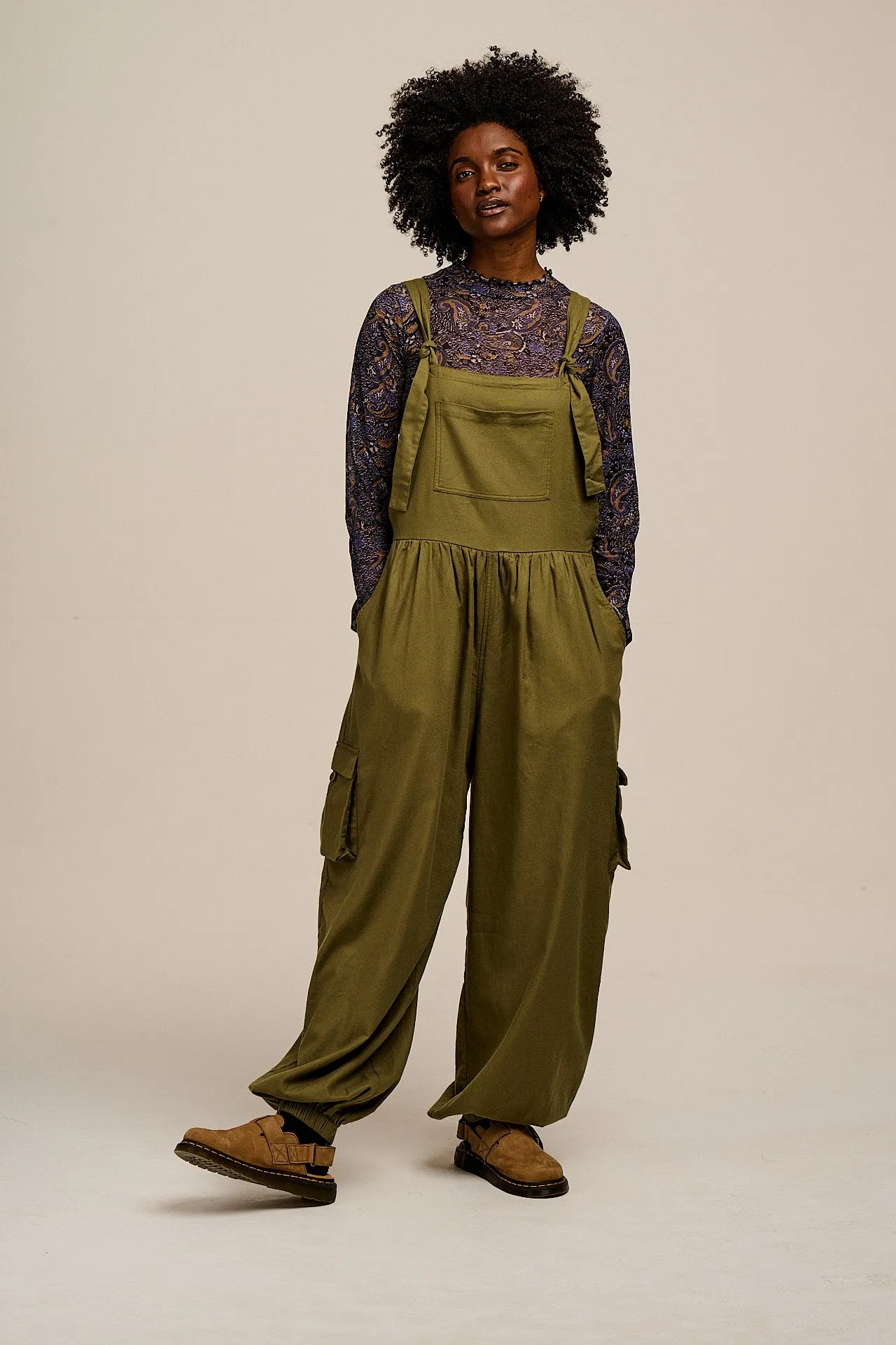 Miyada - Brushed Cotton Dungarees in Khaki Green sold by Lucy & Yak product image thumbnail 2