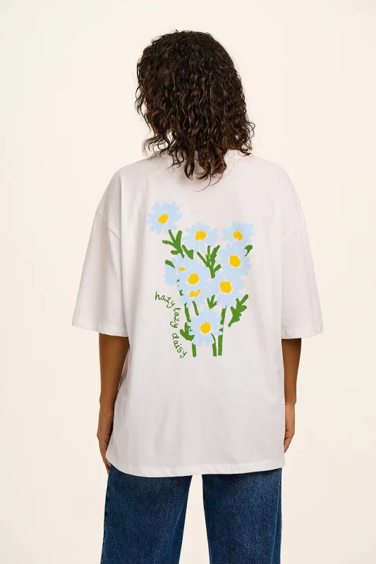 Benny - Oversized Cotton Tee in White Hazy Lazy Daisy Print sold by Lucy & Yak