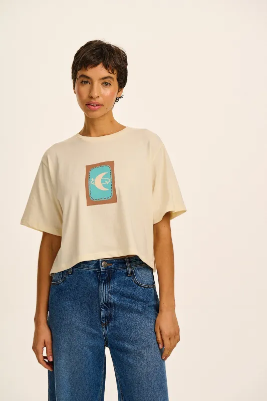 Zayla - Cropped Boxy T-Shirt in Ecru New Moon Print sold by Lucy & Yak