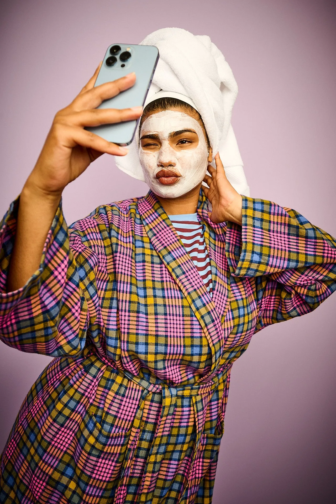 Braydon - Brushed Cotton Robe in Purple Grunge Check sold by Lucy & Yak