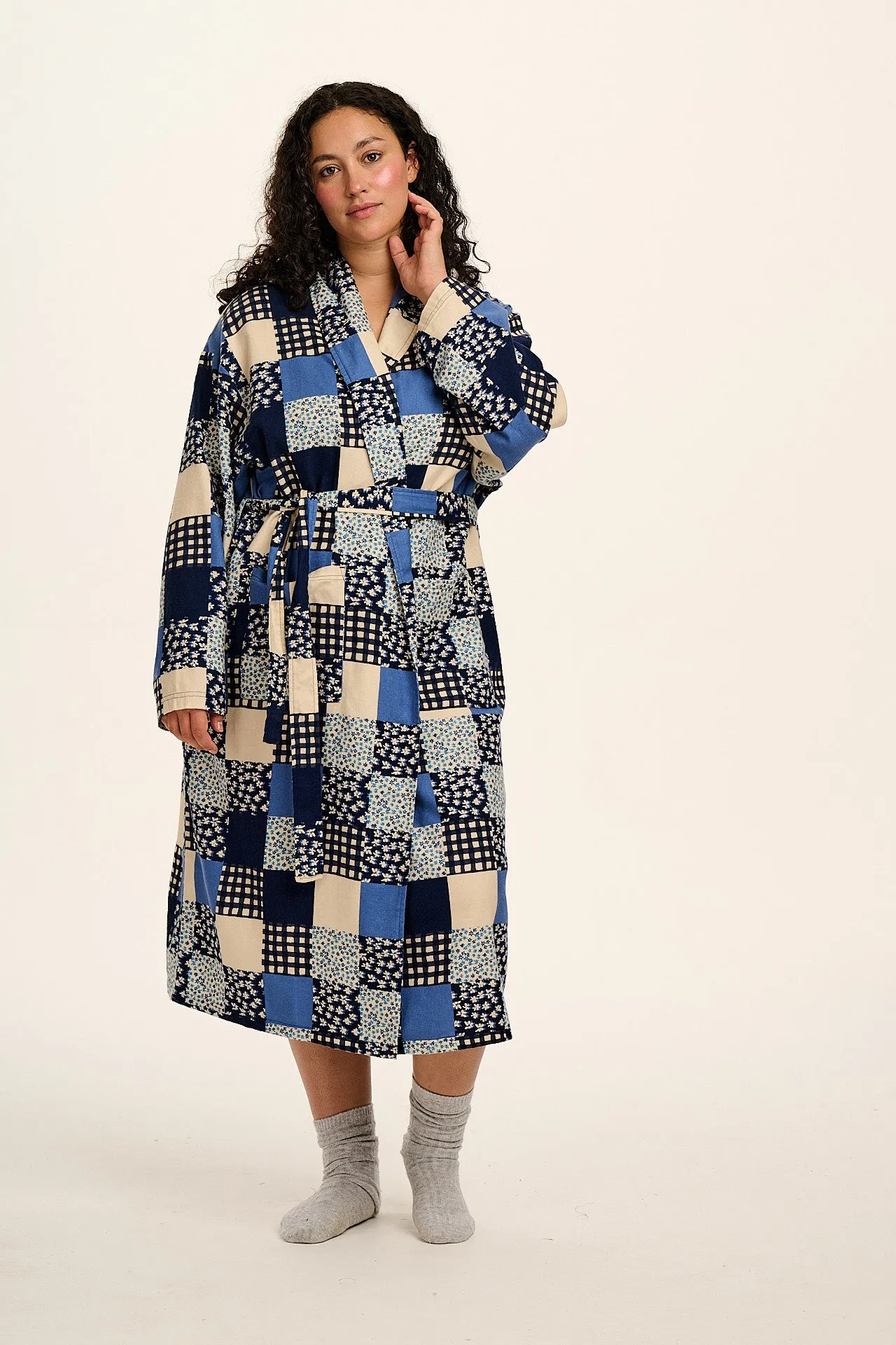 Braydon - Brushed Cotton Robe in Inked Blue Patchwork sold by Lucy & Yak
