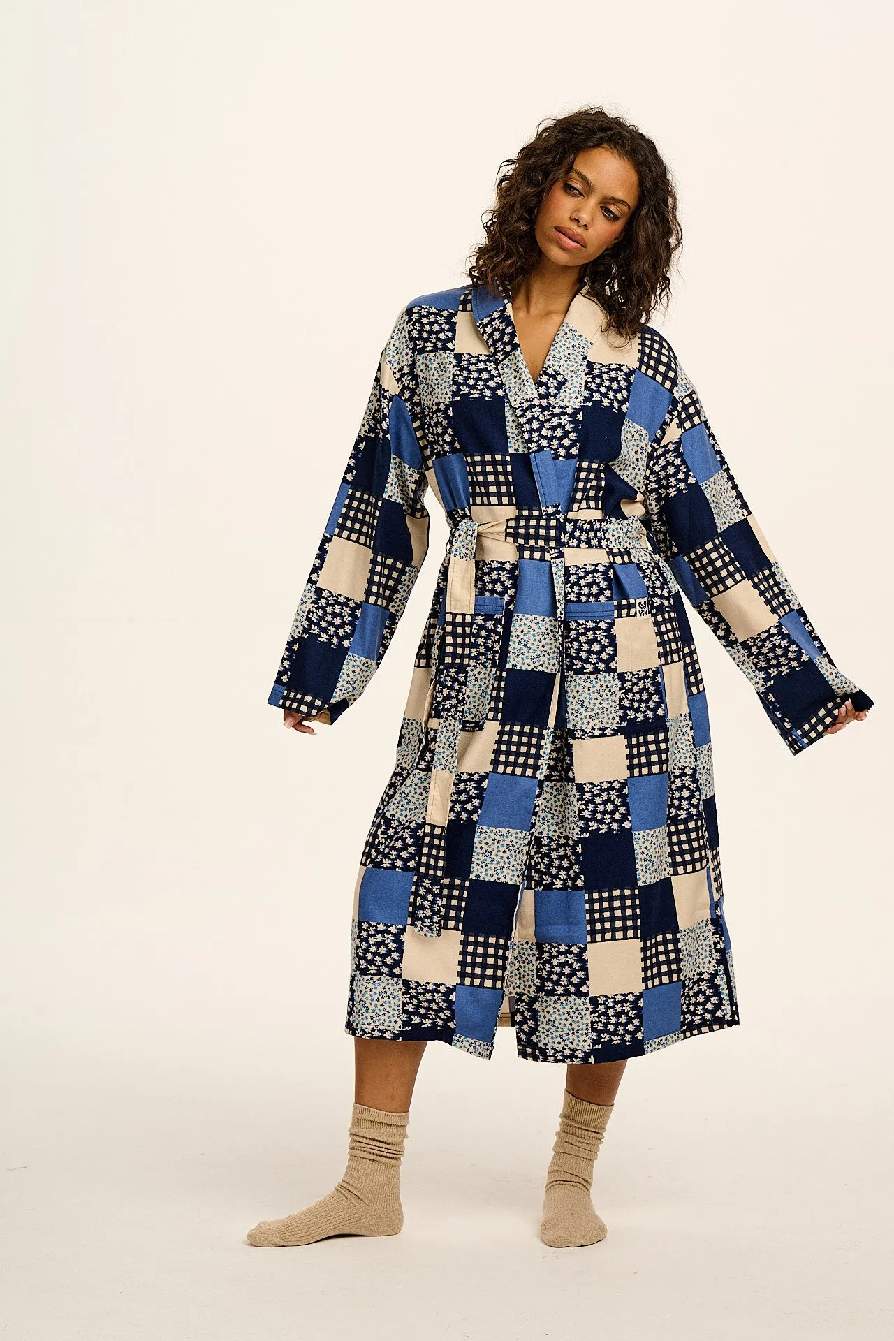 Braydon - Brushed Cotton Robe in Inked Blue Patchwork sold by Lucy & Yak product image thumbnail 5