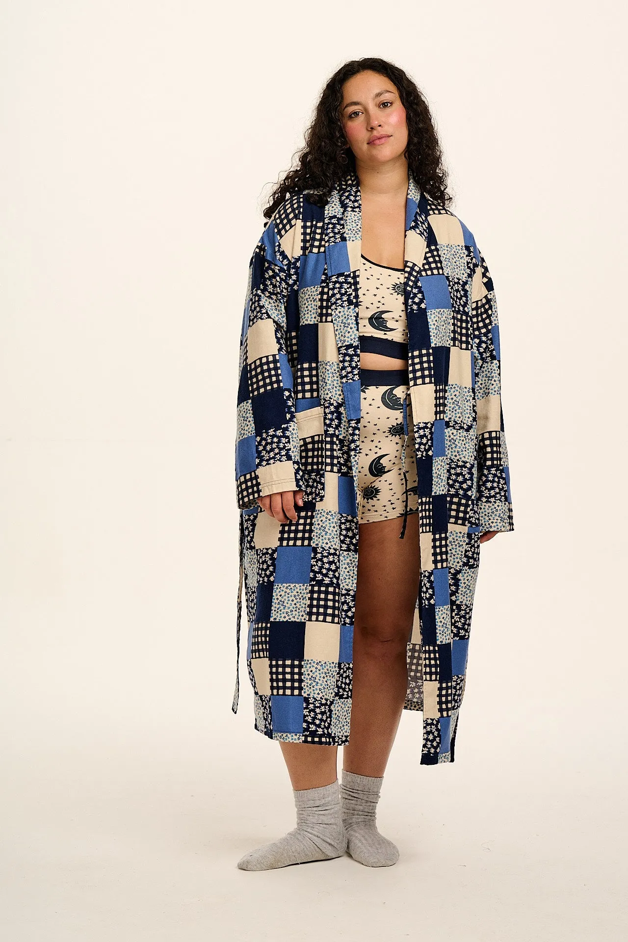 Braydon - Brushed Cotton Robe in Inked Blue Patchwork sold by Lucy & Yak product image thumbnail 2