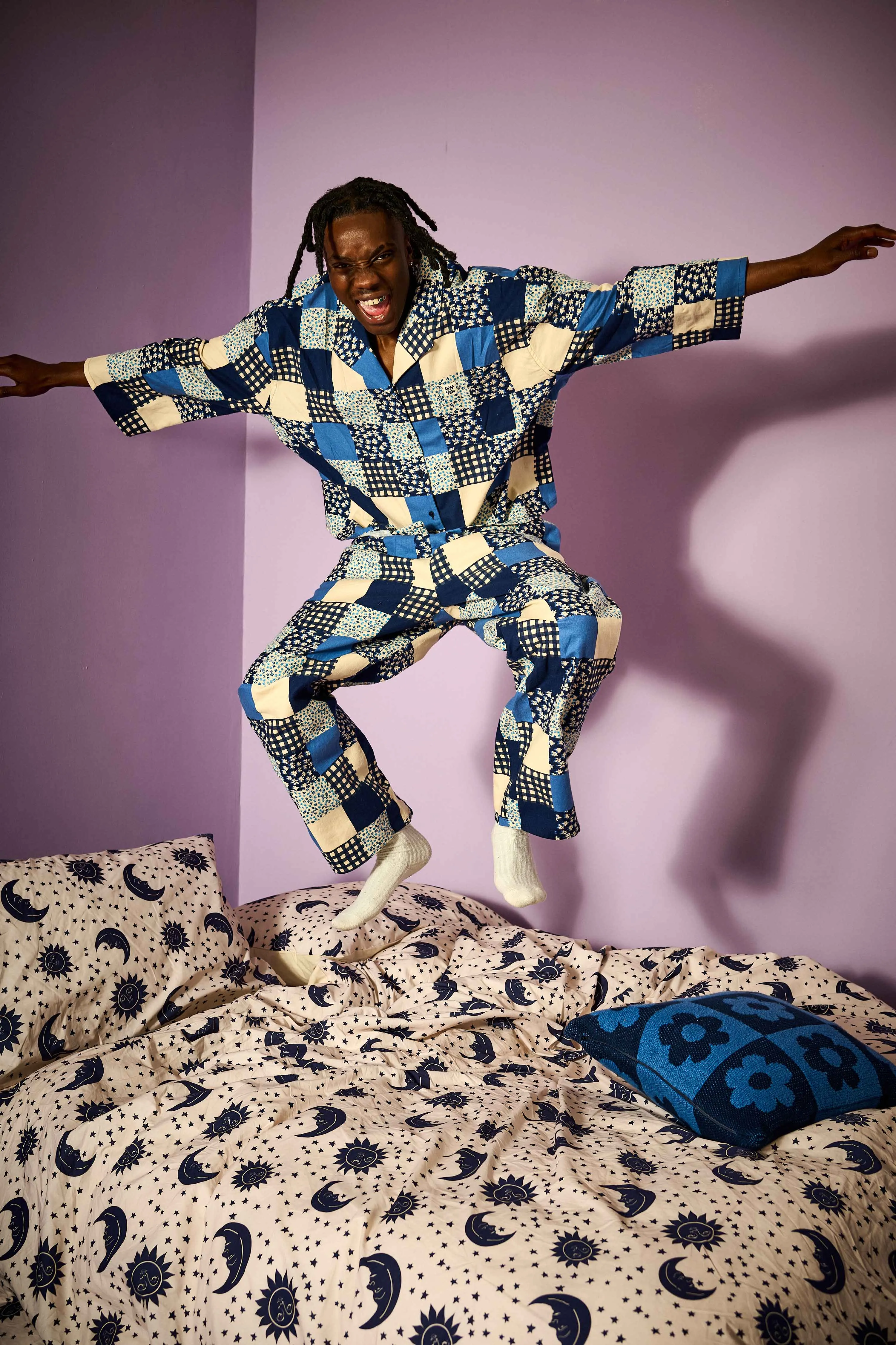 Dreamer - Brushed Cotton Pyjamas Set in Inked Blue Patchwork sold by Lucy & Yak