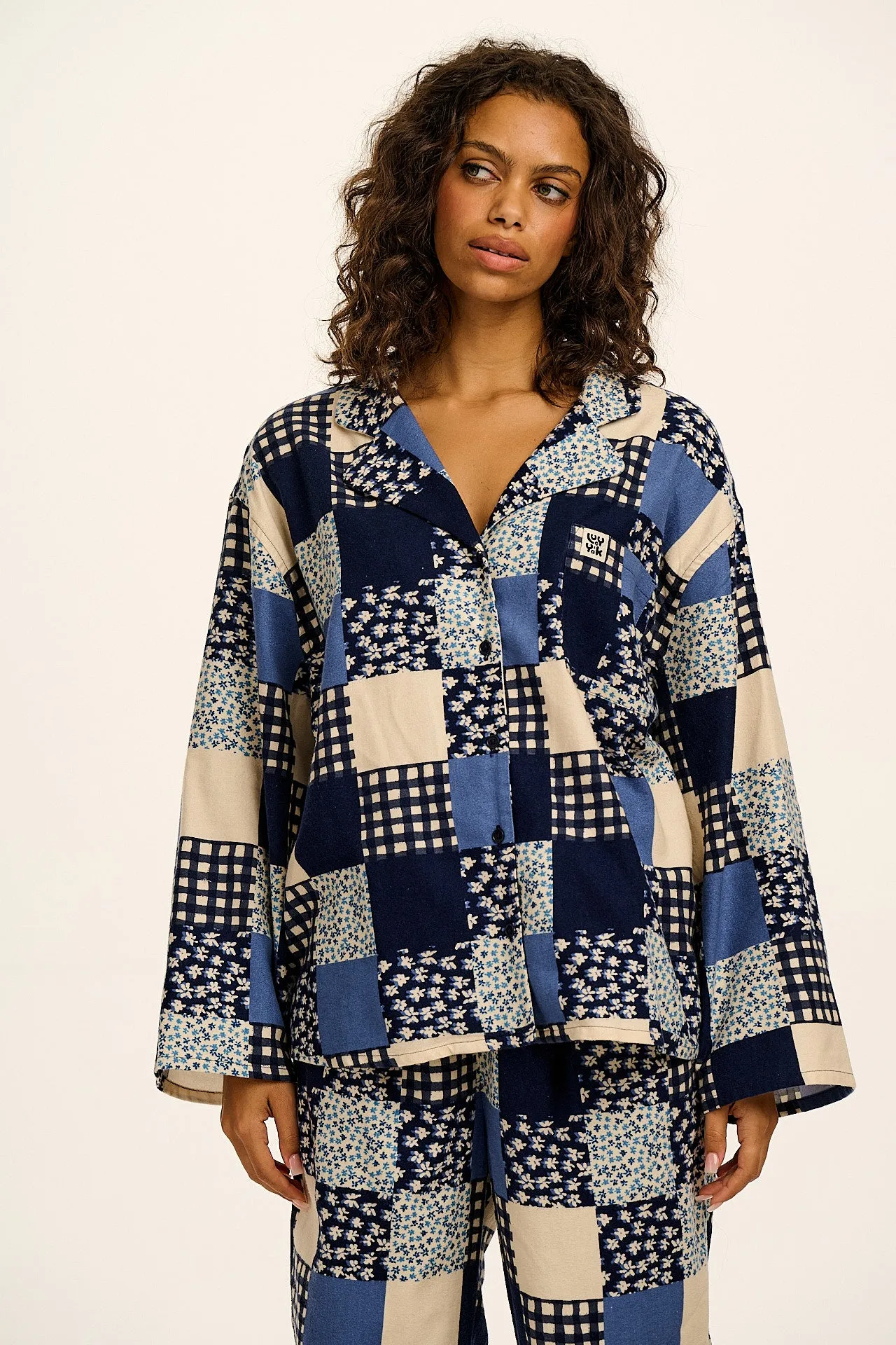 Dreamer - Brushed Cotton Pyjamas Set in Inked Blue Patchwork sold by Lucy & Yak product image thumbnail 3