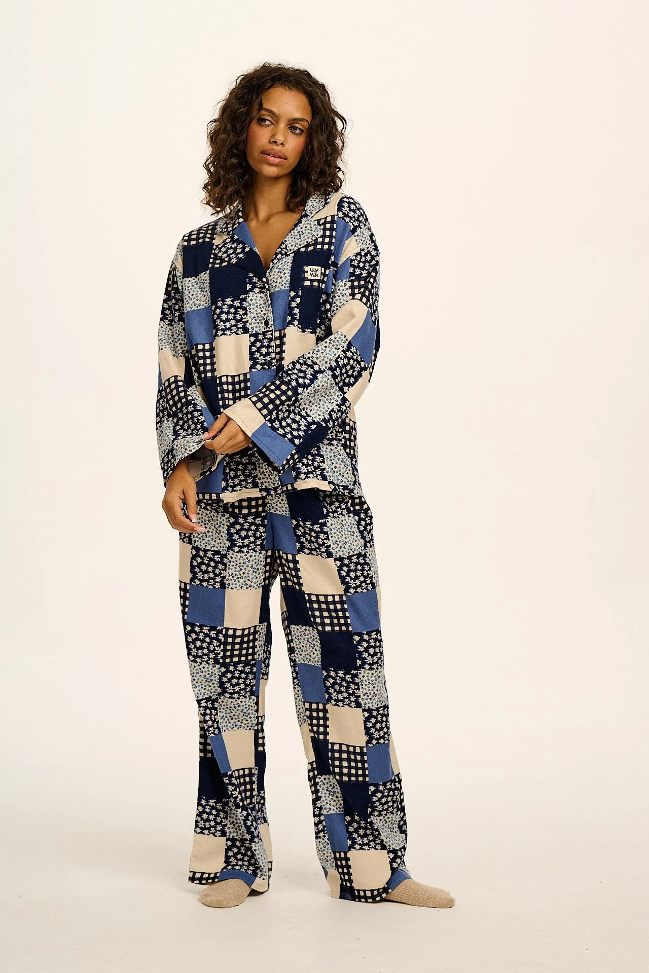 Dreamer - Brushed Cotton Pyjamas Set in Inked Blue Patchwork sold by Lucy & Yak product image thumbnail 2