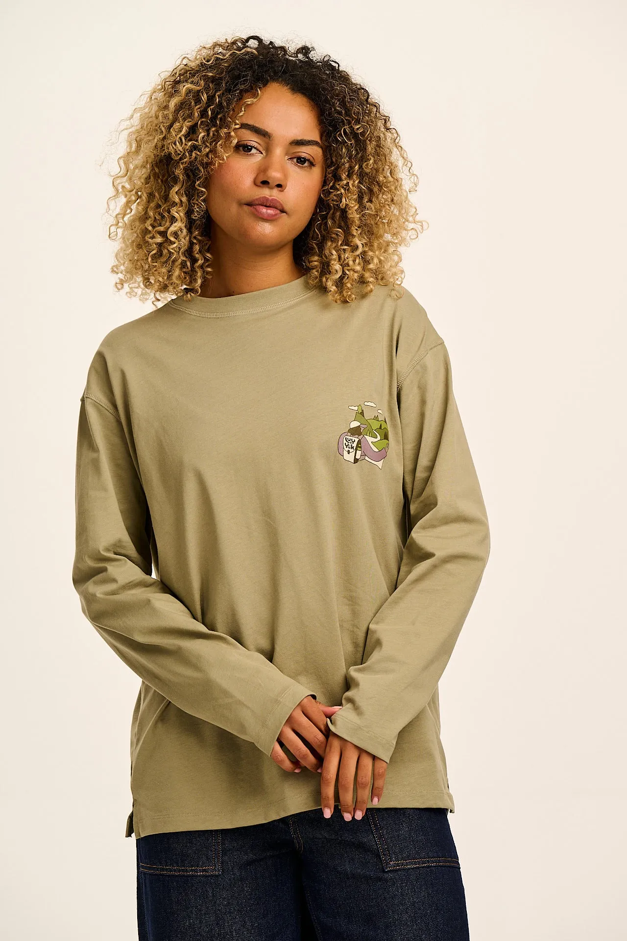 Murat - Long Sleeve Lightweight Cotton T-Shirt in Green Follow Trails Print sold by Lucy & Yak product image thumbnail 2
