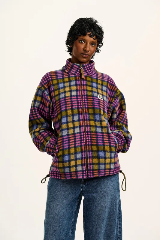 Nicks - Full Zip Polar Fleece in Purple Grunge Check sold by Lucy & Yak