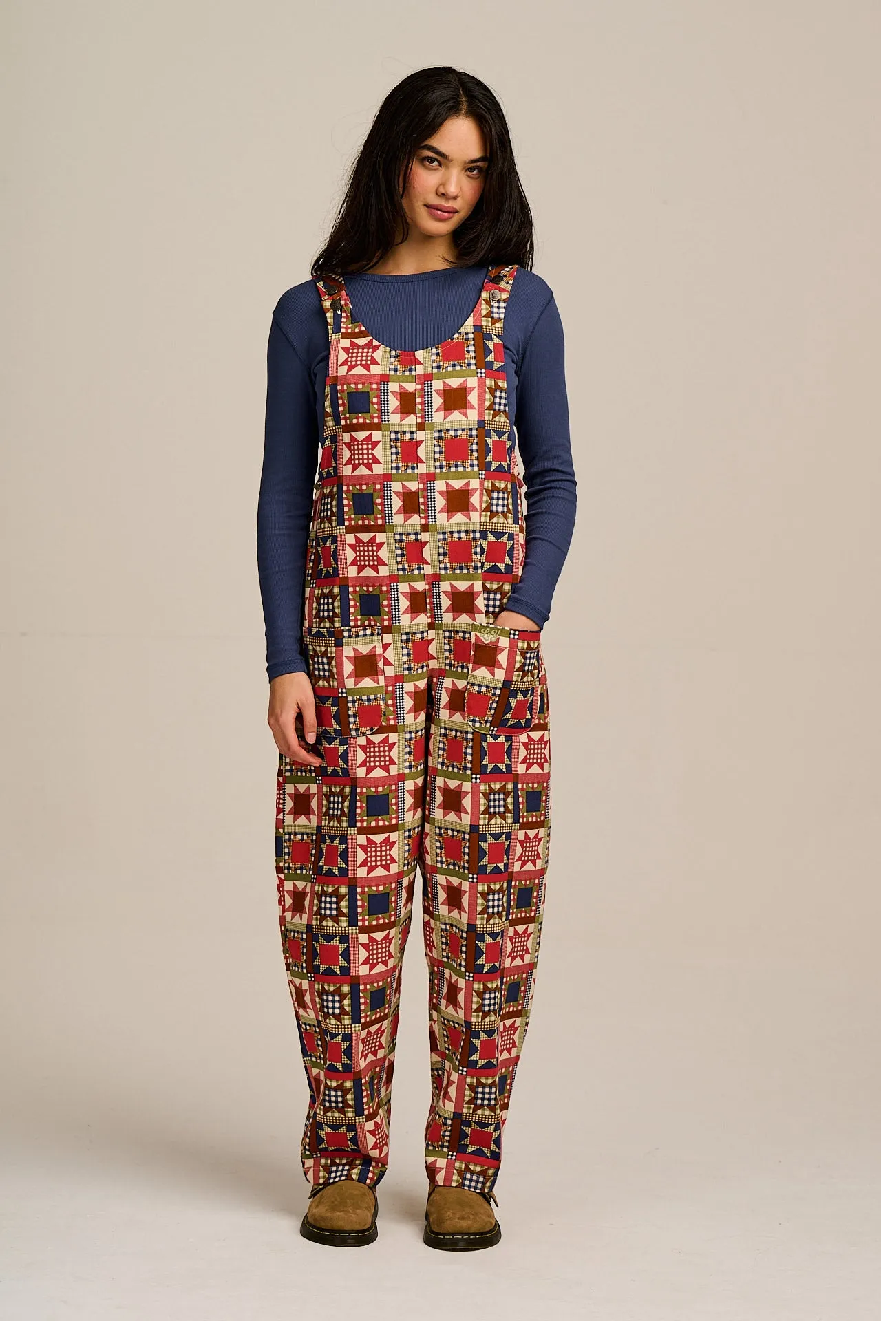 Ara - Cotton Dungarees in Follow Trails Patchwork sold by Lucy & Yak