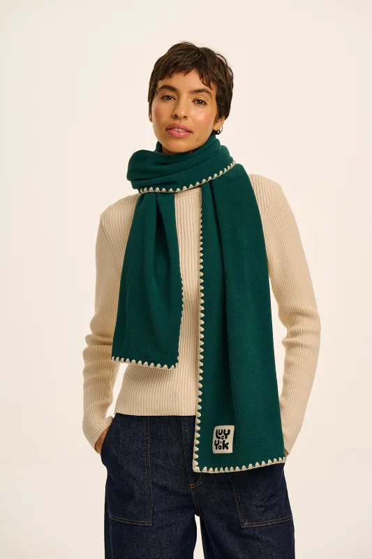 Kiri - Polar Fleece Blanket Stitch Scarf in Teal & Ecru sold by Lucy & Yak