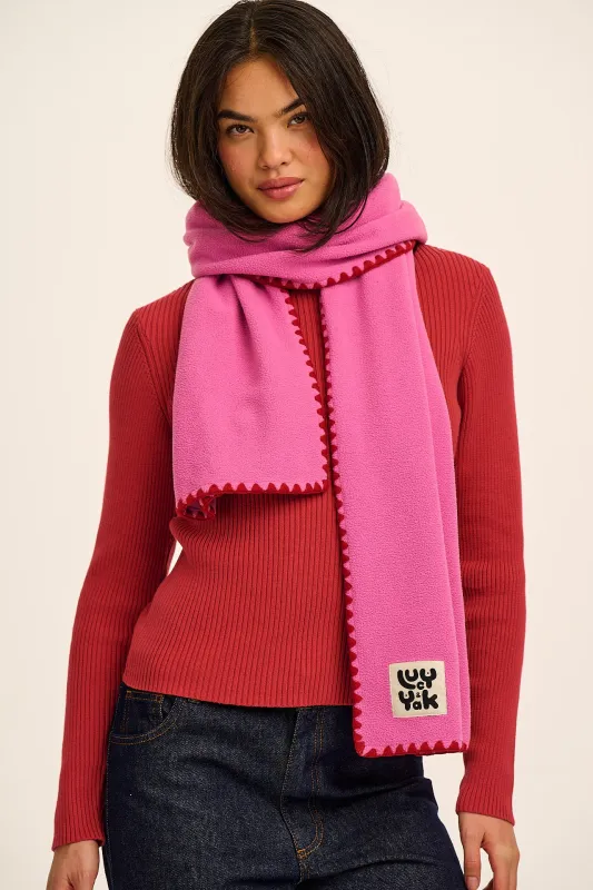 Kiri - Polar Fleece Blanket Stitch Scarf in Pink & Red sold by Lucy & Yak
