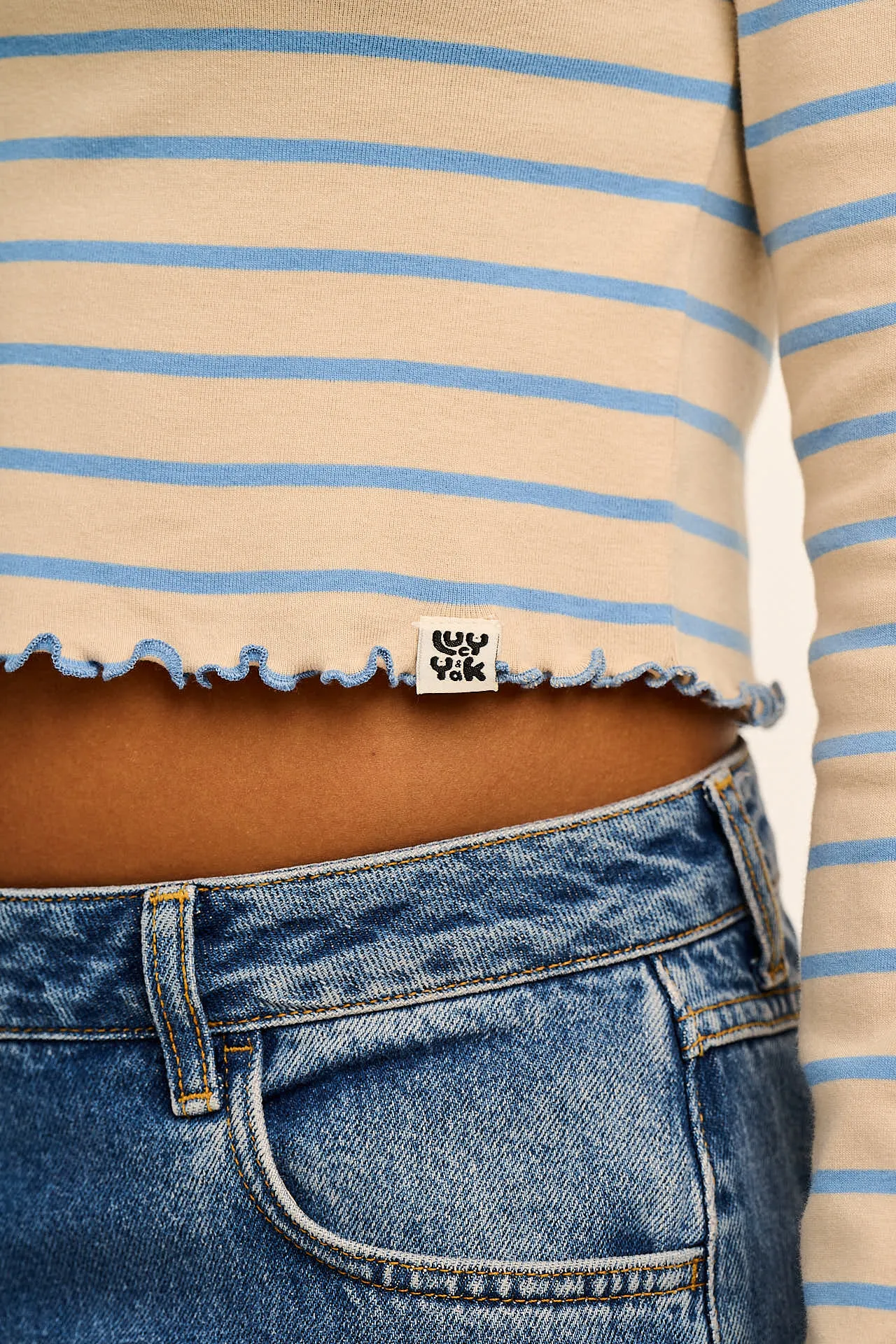 Hansel - Long Sleeve Cotton Crop Top in Blue & Ecru Stripe sold by Lucy & Yak product image thumbnail 4