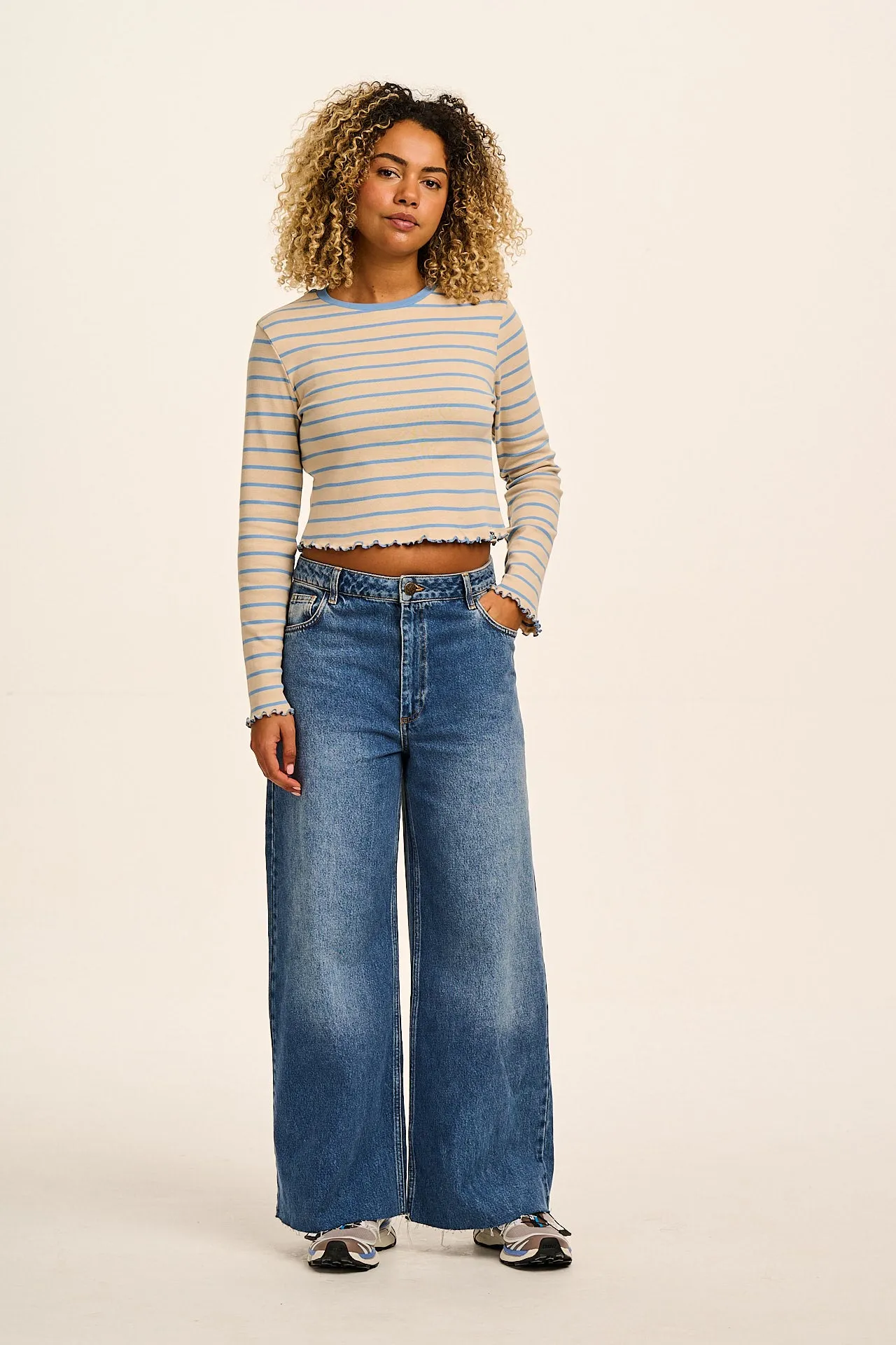 Hansel - Long Sleeve Cotton Crop Top in Blue & Ecru Stripe sold by Lucy & Yak product image thumbnail 2