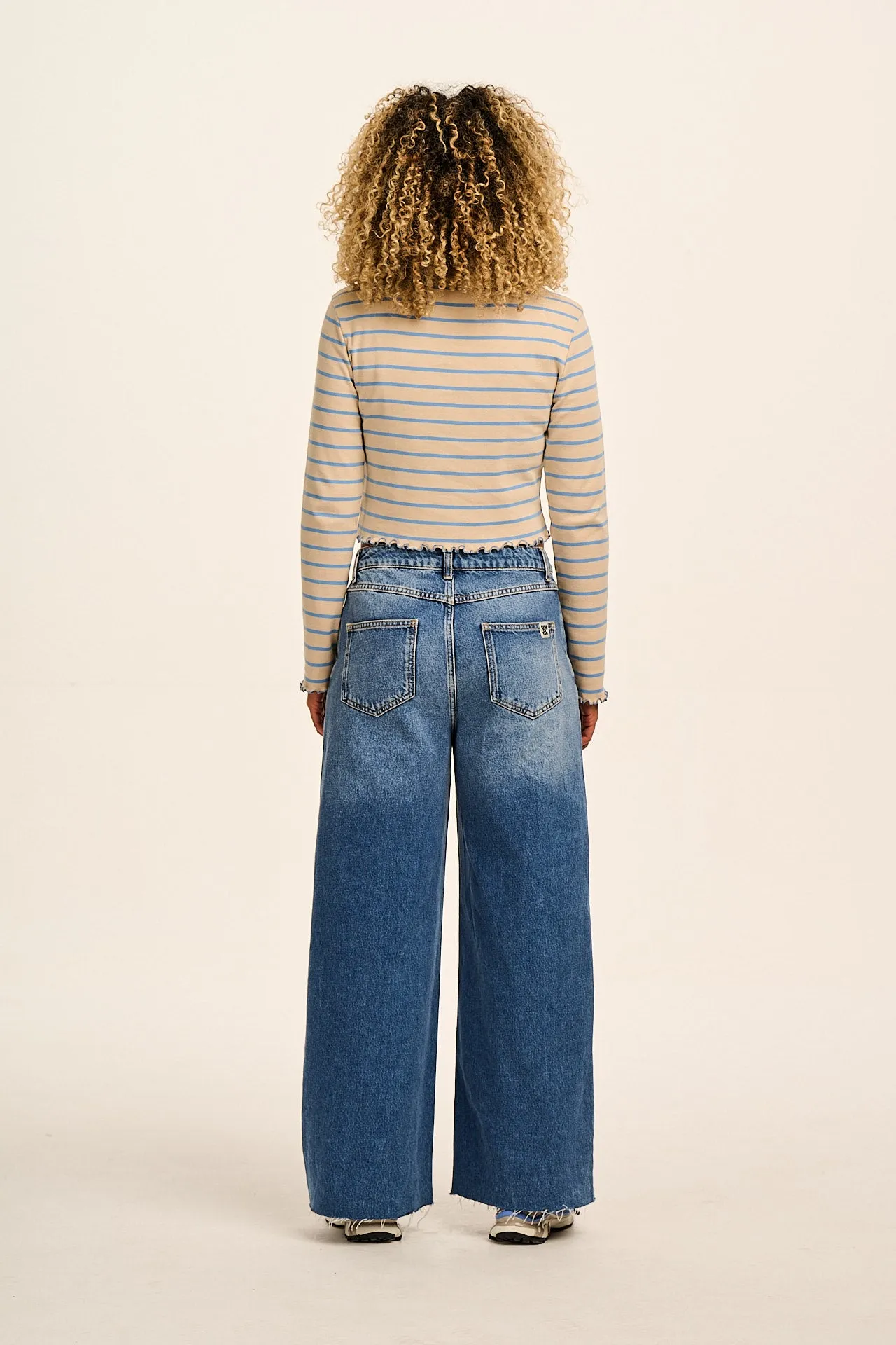 Hansel - Long Sleeve Cotton Crop Top in Blue & Ecru Stripe sold by Lucy & Yak product image thumbnail 3