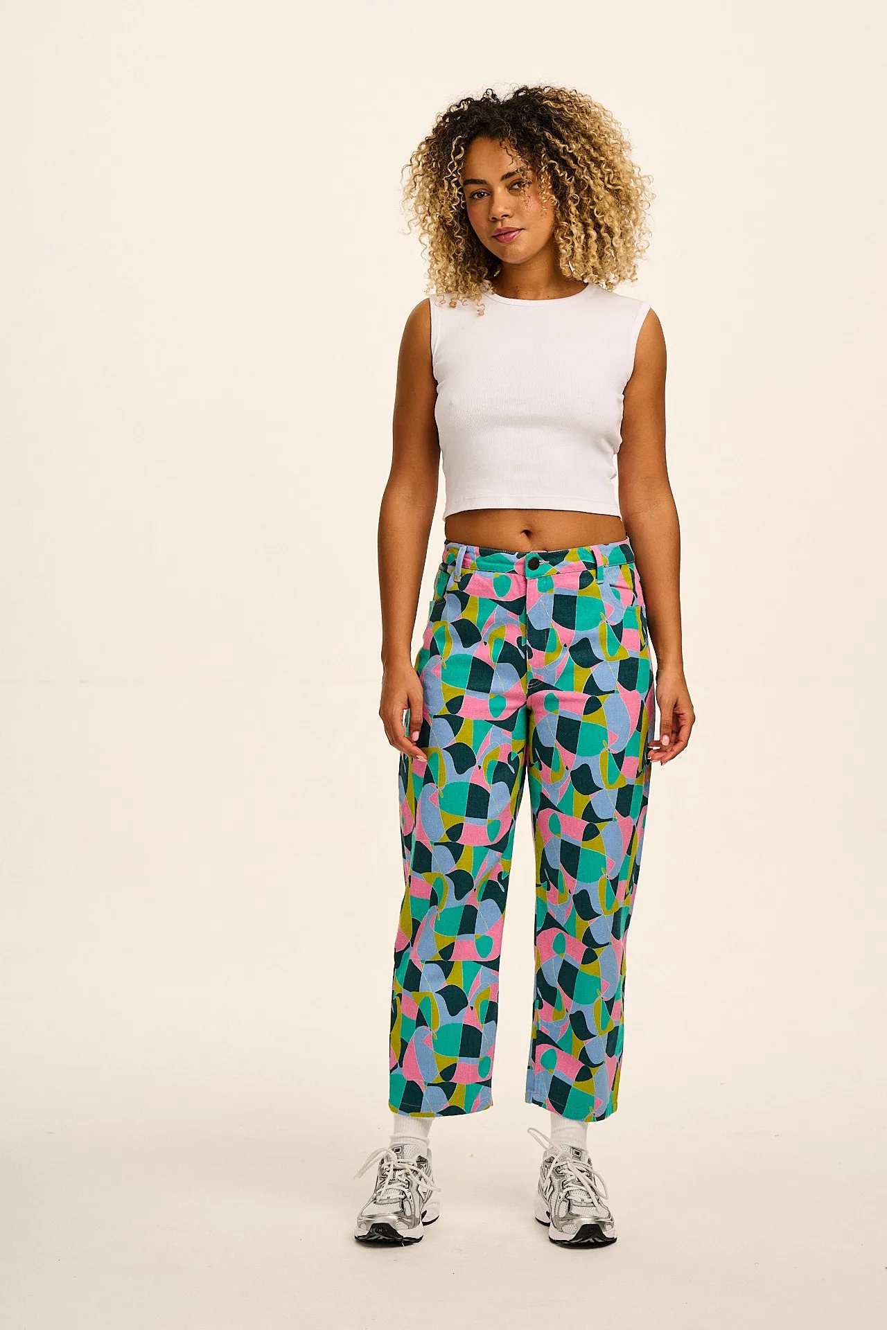 Drew - Cropped Straight Leg Cotton Trousers in Make a Statement Geo Print sold by Lucy & Yak