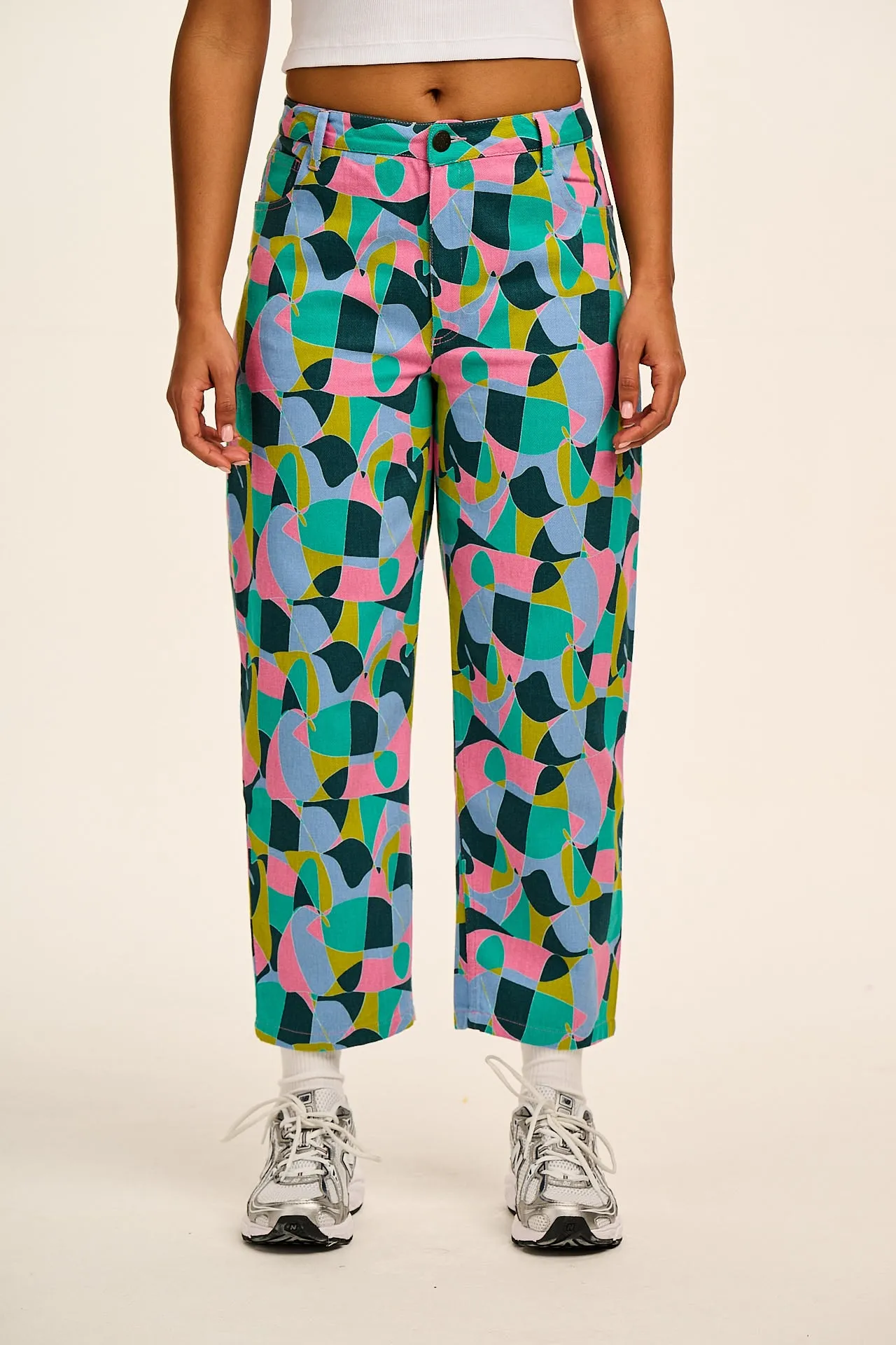 Drew - Cropped Straight Leg Cotton Trousers in Make a Statement Geo Print sold by Lucy & Yak product image thumbnail 2