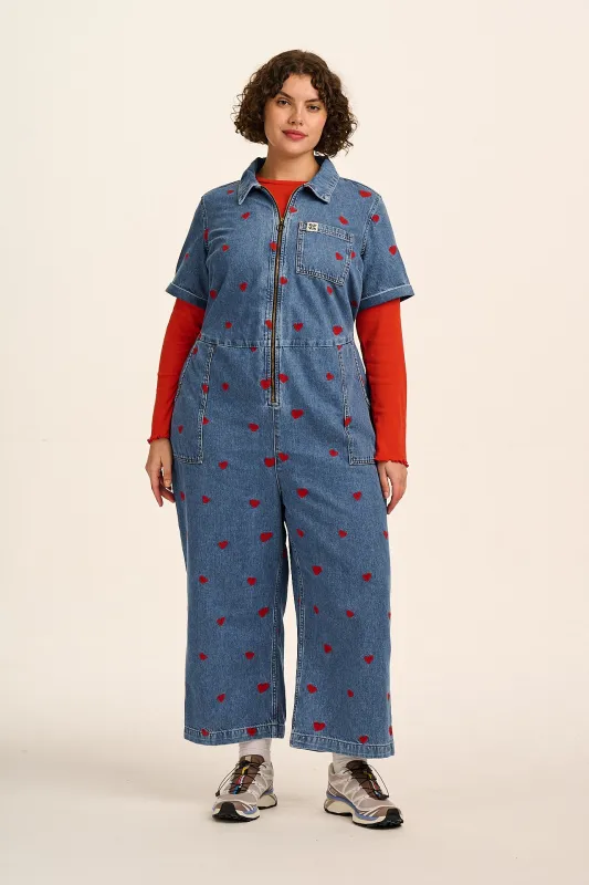 Ragan - Denim Jumpsuit in Mid Wash with Cupid Hearts sold by Lucy & Yak