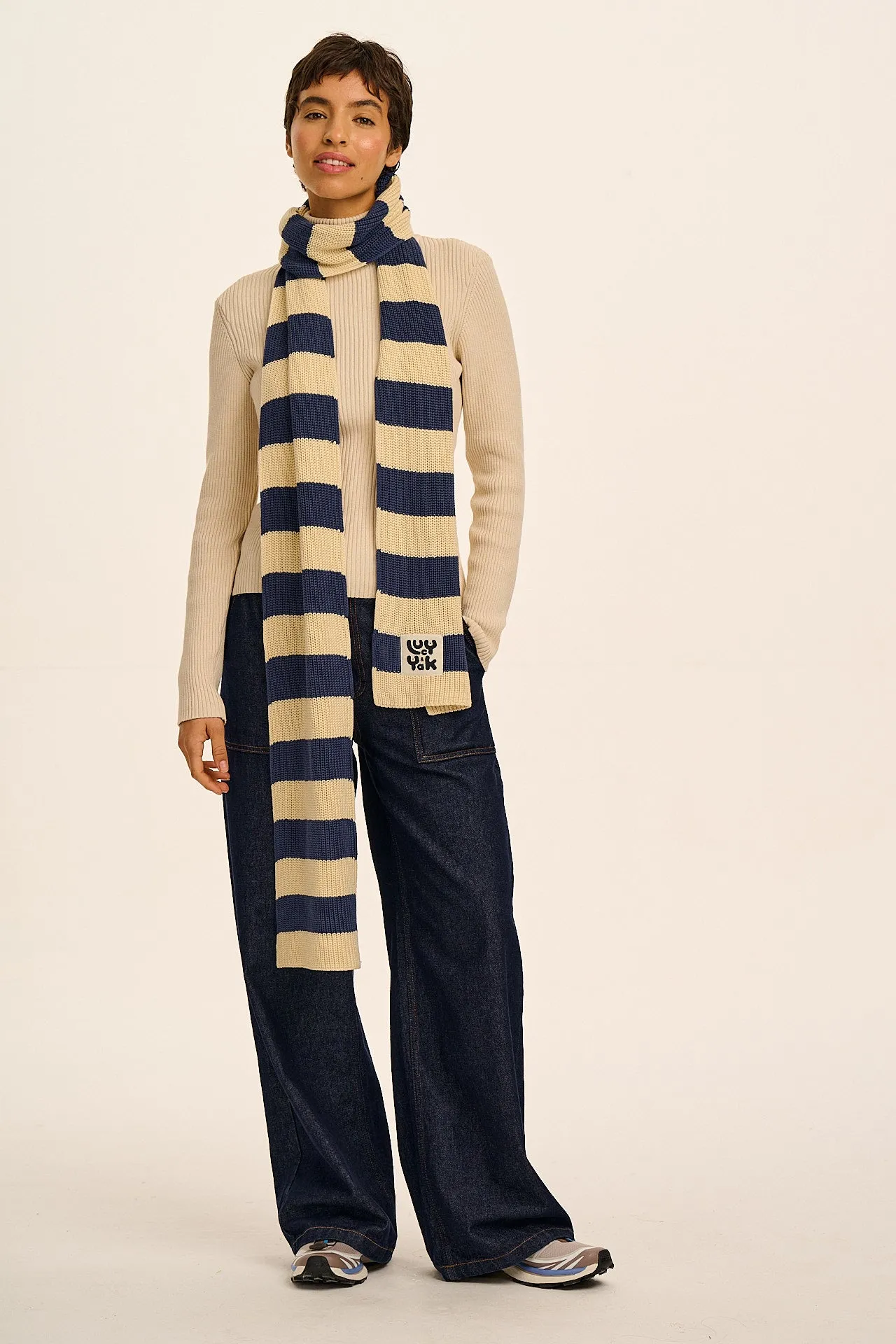 Aroha - Knitted Scarf in Blue and Ecru Stripe sold by Lucy & Yak product image thumbnail 2