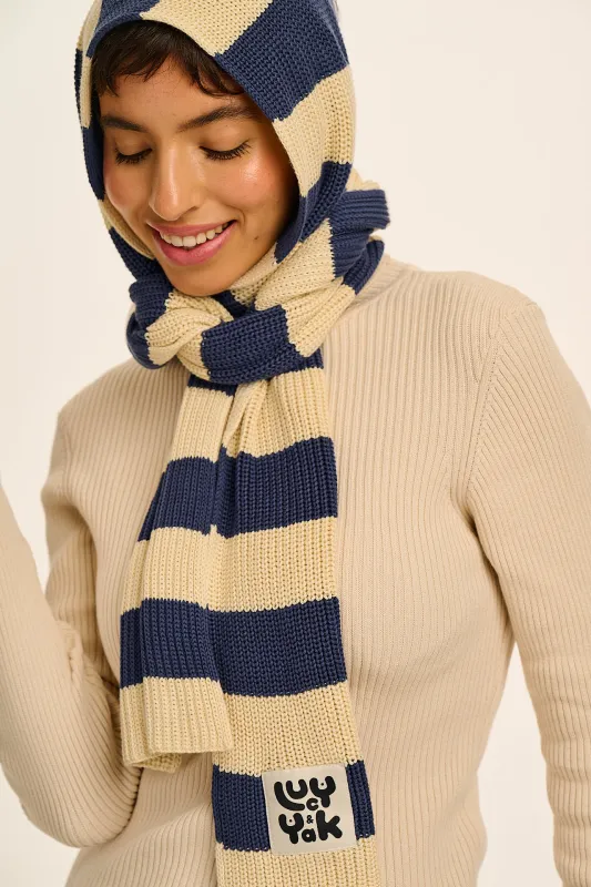 Aroha - Knitted Scarf in Blue and Ecru Stripe sold by Lucy & Yak