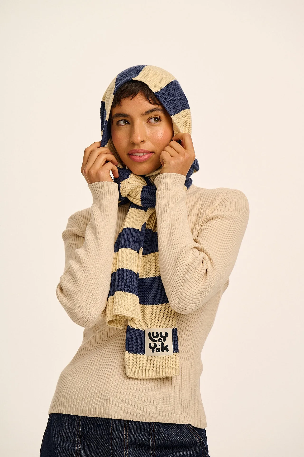Aroha - Knitted Scarf in Blue and Ecru Stripe sold by Lucy & Yak product image thumbnail 4