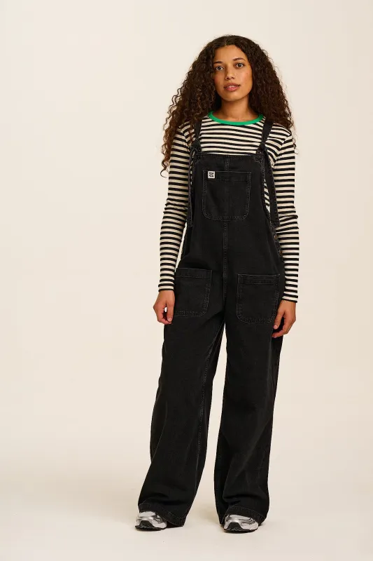 Ali - Wide Leg Denim Dungarees in Washed Black sold by Lucy & Yak