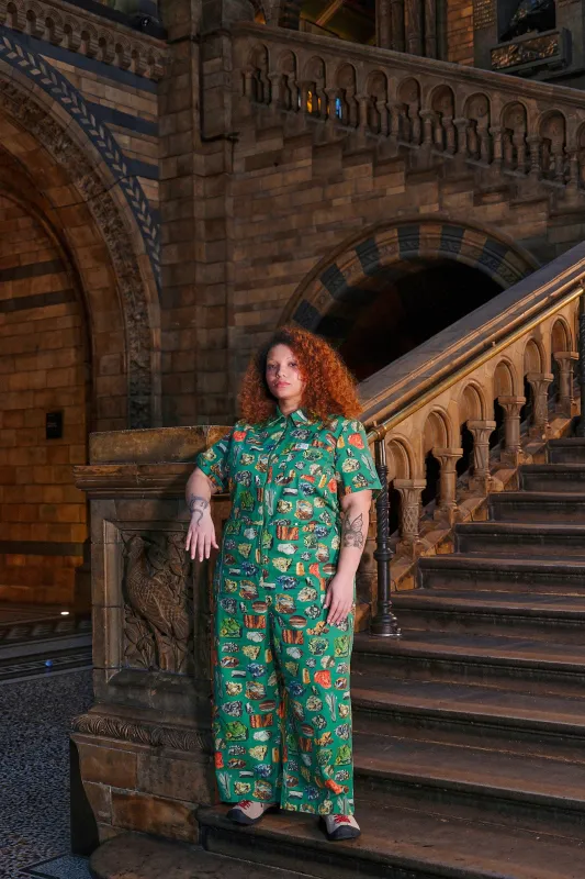 L.E Ragan - Cotton Jumpsuit in Green Minerals Natural History Museum & Yak made by Lucy & Yak