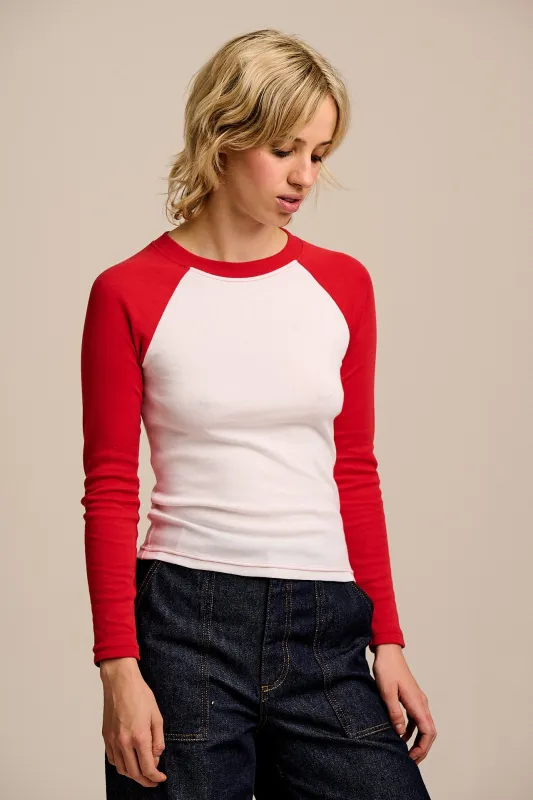Avi - Long Sleeve Raglan Top in Red & White made by Lucy & Yak