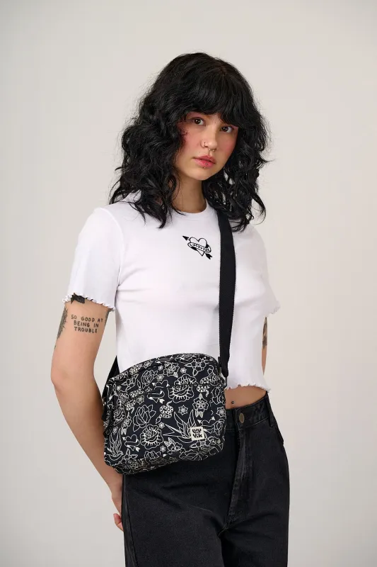 Dara - Cotton Crossbody Bag in Black & White Tattoo sold by Lucy & Yak