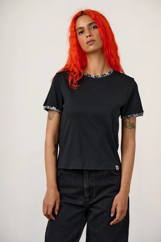 Maya - Cotton T-Shirt in Black Graffiti Trim made by Lucy & Yak